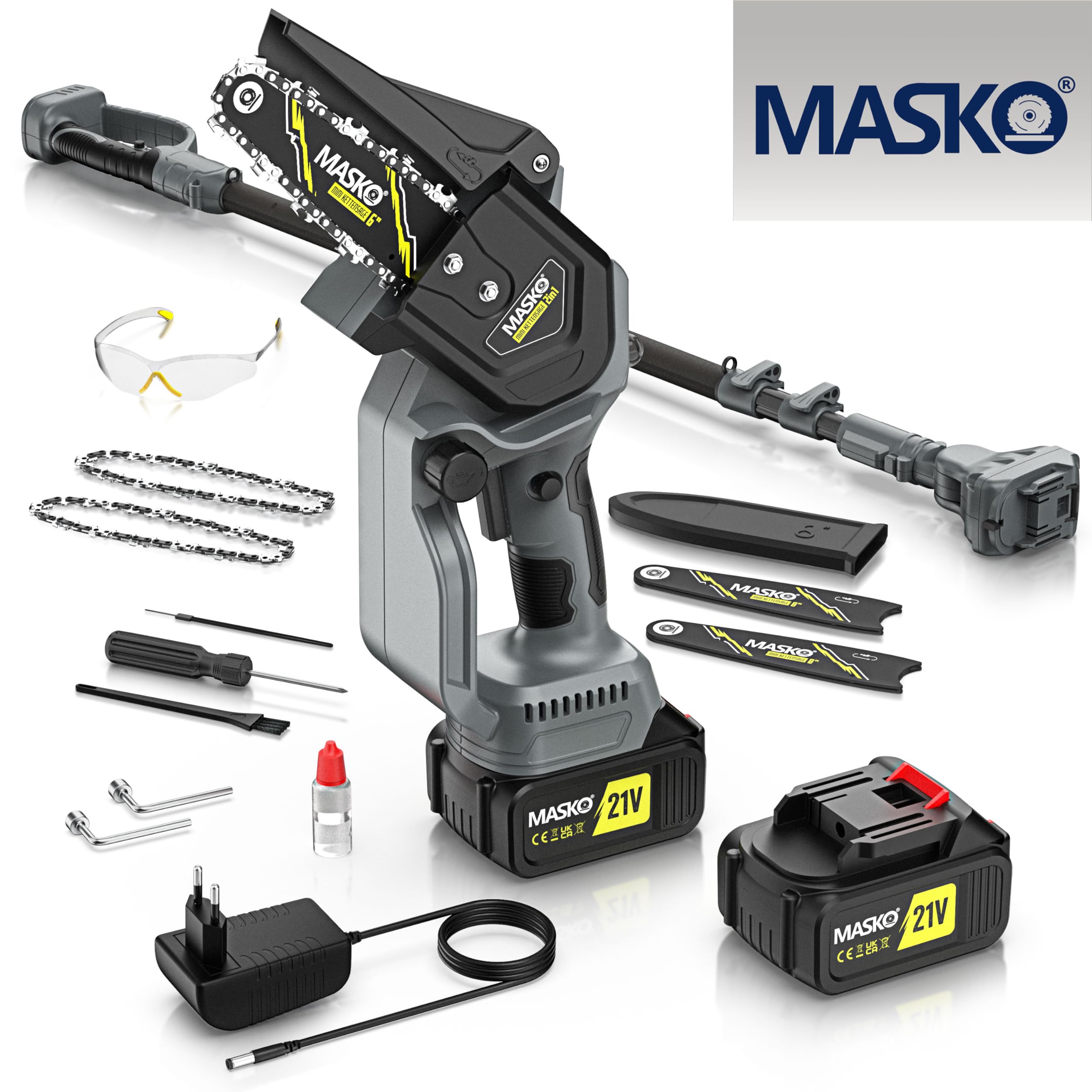 MASKO® 6-Inch Mini Chainsaw with 8000mAh Battery - 800W Electric Hand Chainsaw with 2×4000mAh Batteries & Automatic Oil System for Wood Cutting, Garden Shears, Loppers & Tree Trimming | Perfect for DIY Projects, Yard Work & Home Improvement