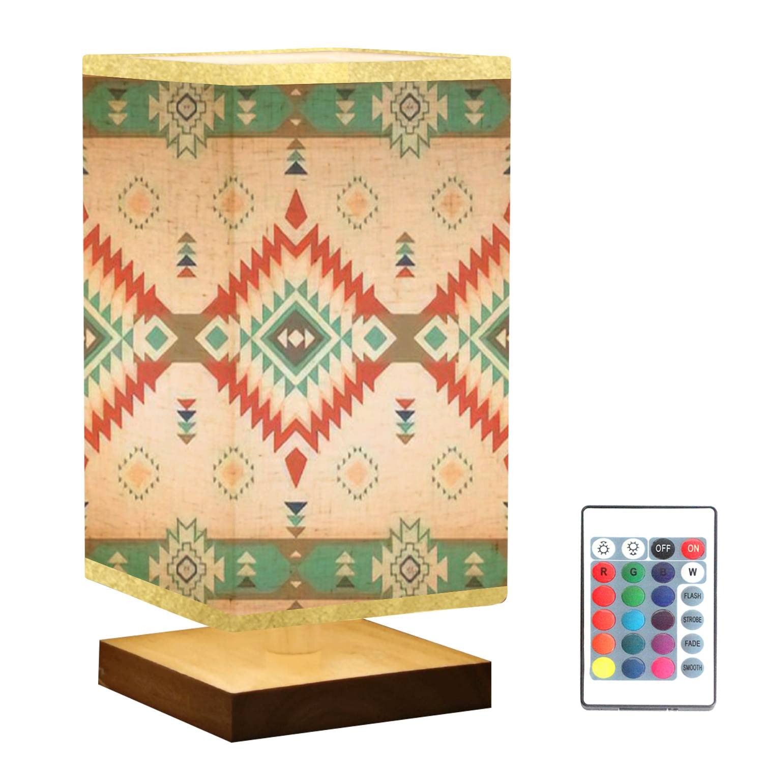 Handcrafted Native American Southwest Navajo Tribal Geometric Print Wooden Table Lamp with Flaxen Fabric Shade - Dimmable Nightstand & Desk Lamp for Bedroom, Living Room | Perfect for Southwest Decor, Cozy Reading Nook & Ambient Lighting