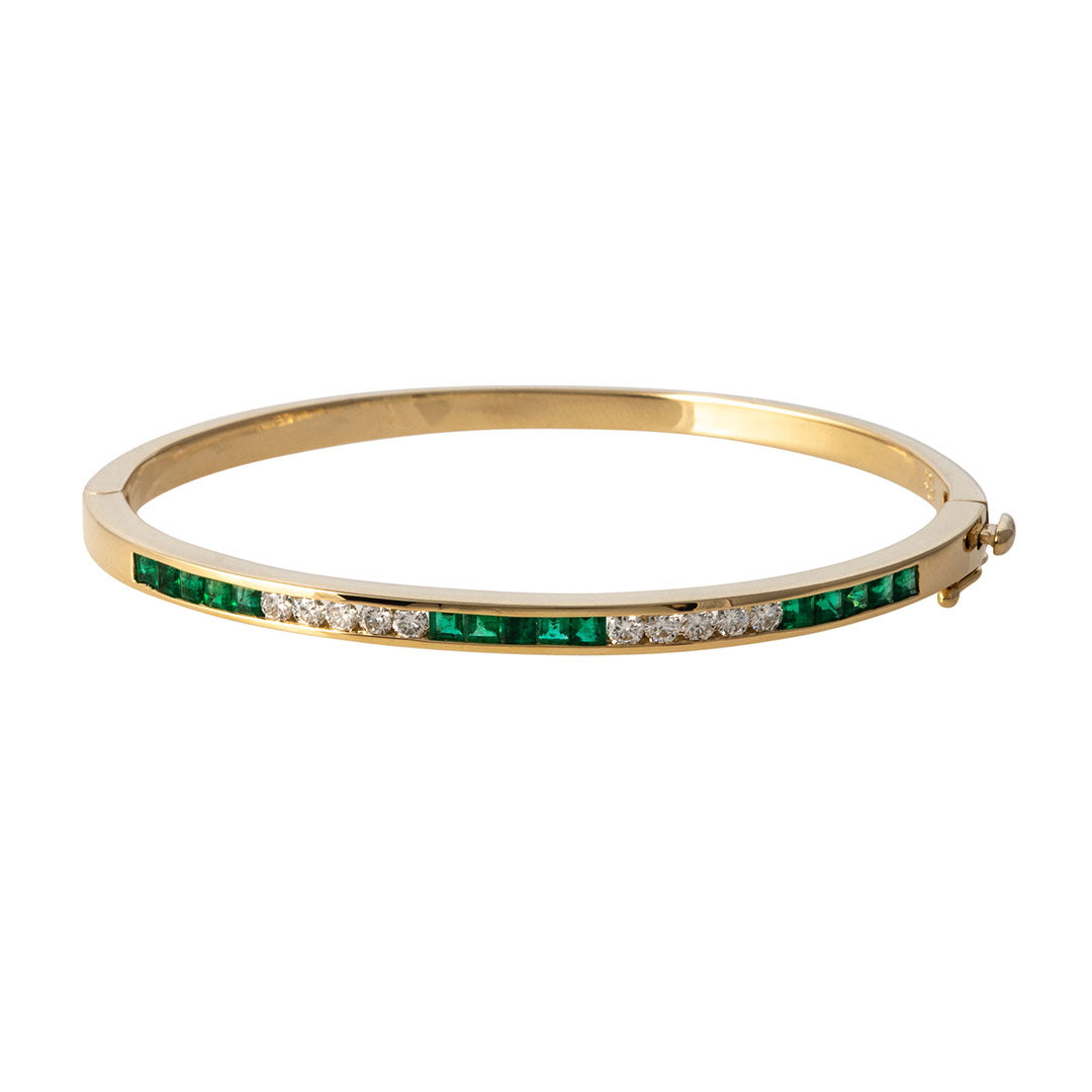 14K Yellow Gold Emerald & Diamond Channel Set Bangle Bracelet - Elegant Jewelry for Weddings, Parties & Special Occasions