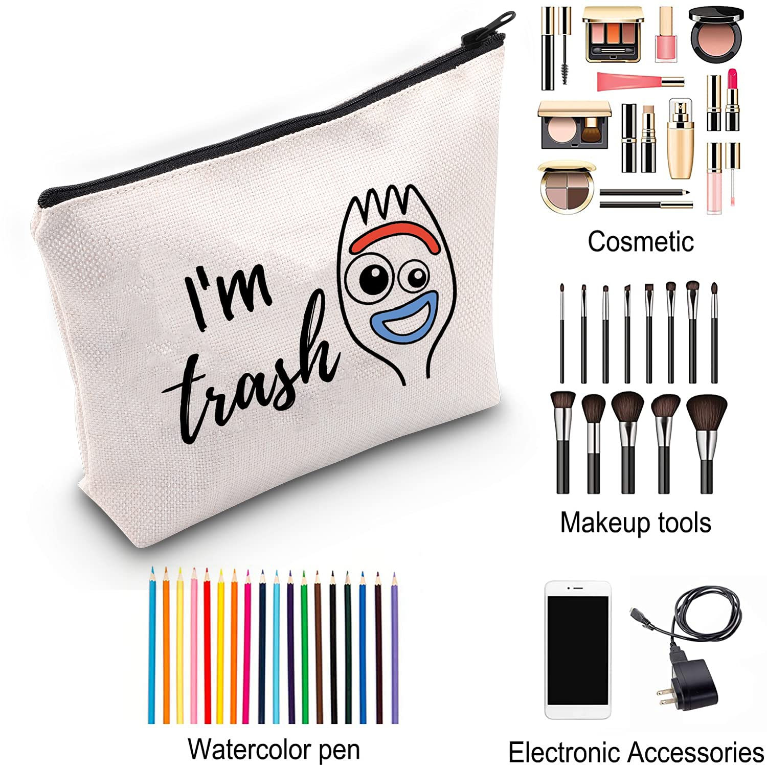 Funny Forky Toy Story Inspired Makeup Bag - 'I'm Trash' Zipper Pouch for Cosmetics & Accessories | Perfect Gift for Disney Pixar Fans, Kids & Toy Story Lovers