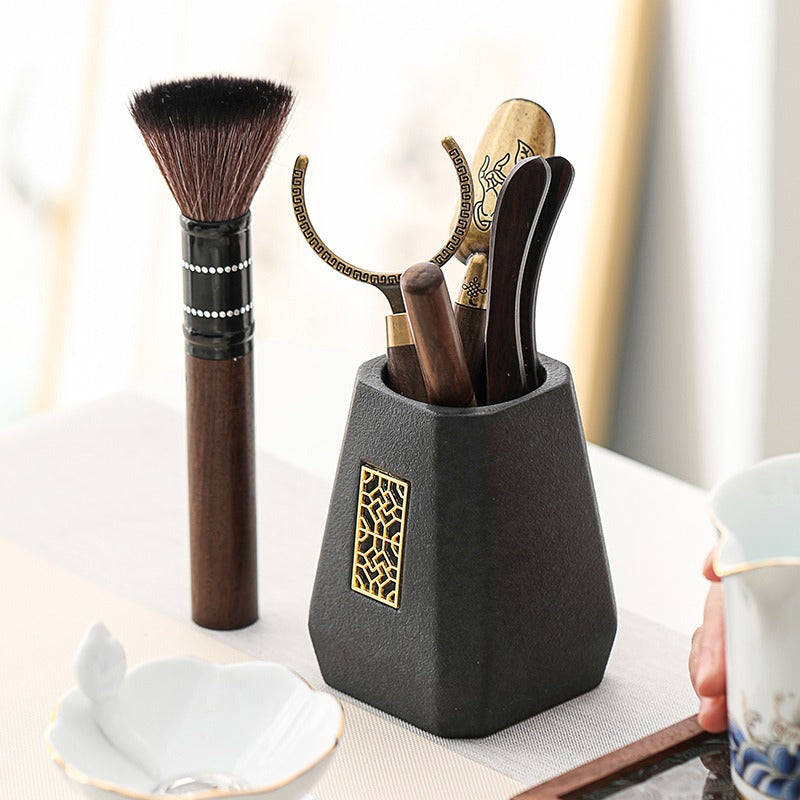 Premium Ebony Wood Tea Set with Black Ceramic Holder - Traditional Japanese Style Tea Accessories for Matcha, Green Tea & Herbal Brewing - Perfect for Tea Ceremonies, Home Decor & Gift Giving
