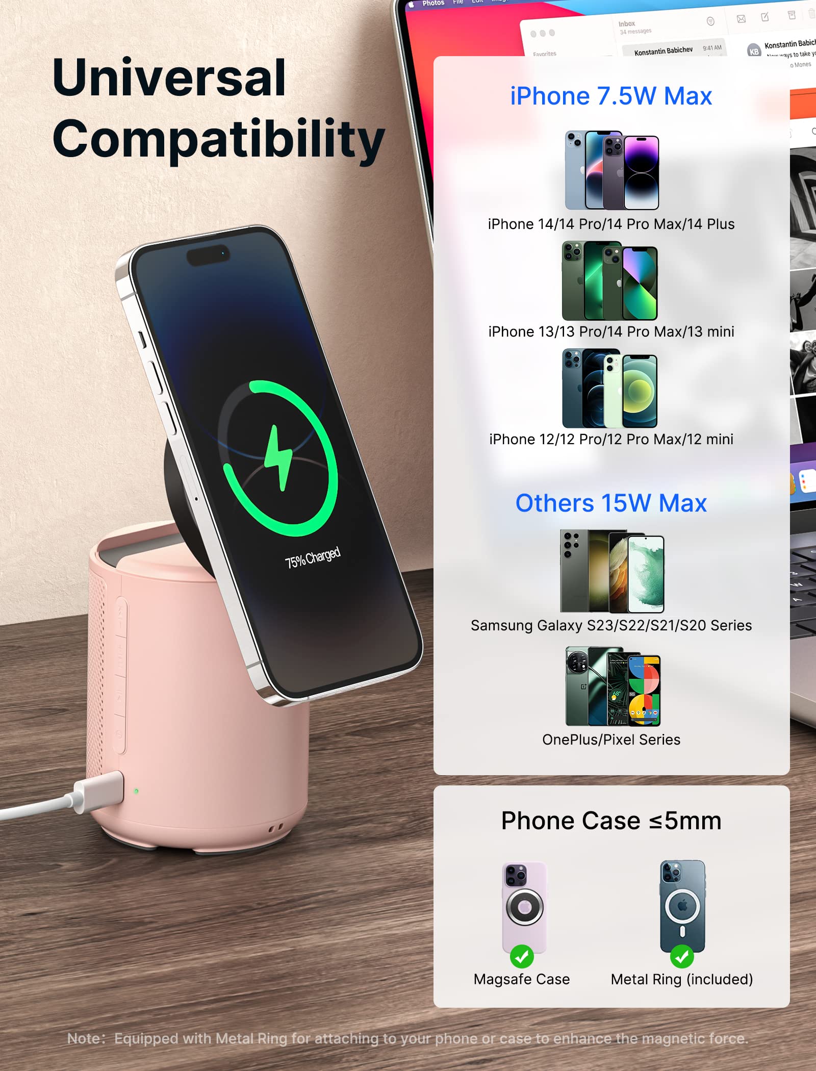 **JSAUX Wireless Bluetooth Speaker with Magnetic Charger & Phone Stand - HD Surround Sound, Compatible with iPhone & Samsung - Perfect Gift for Men & Women (Birthday, Travel, Home, Office)**