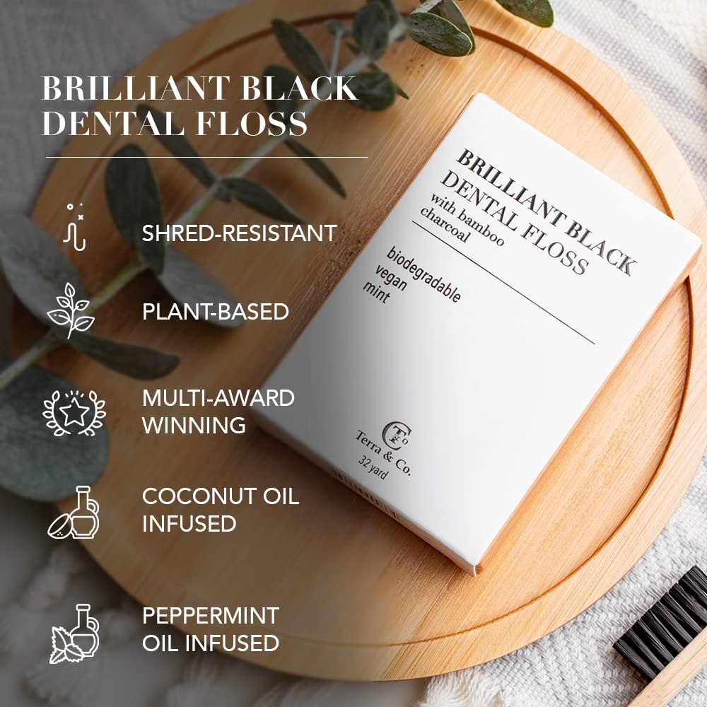 Terra & Co. Brilliant Black Dental Floss (3 Pack) - Organic Teeth Whitening Floss with Activated Bamboo Charcoal | All Natural, Vegan & Cruelty Free | Luxury Oral Care for Fresh Breath & Healthy Gums | Perfect for Travel, Home & Office Use