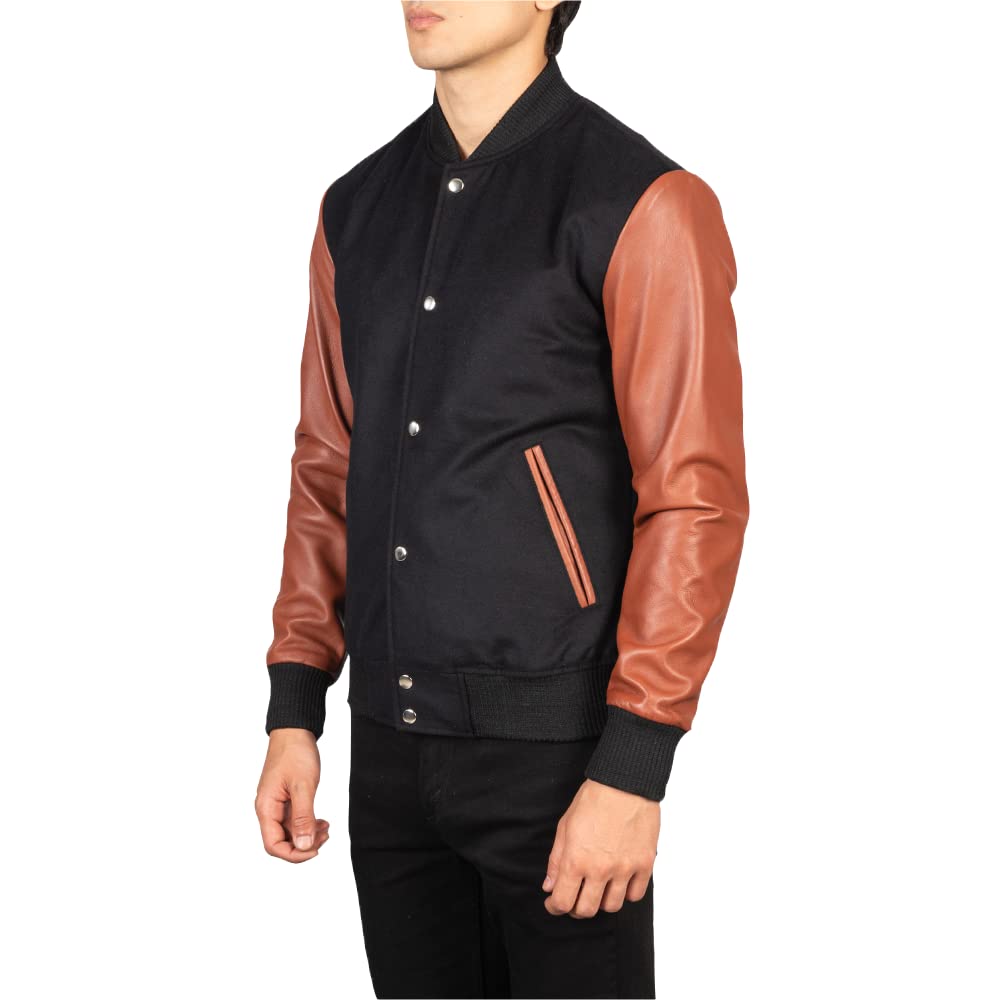 Men's Varsity Jacket Letterman - Black & Brown Leather Sleeves Baseball Jacket | Lightweight Letterman Jacket for School, Sports & Casual Wear