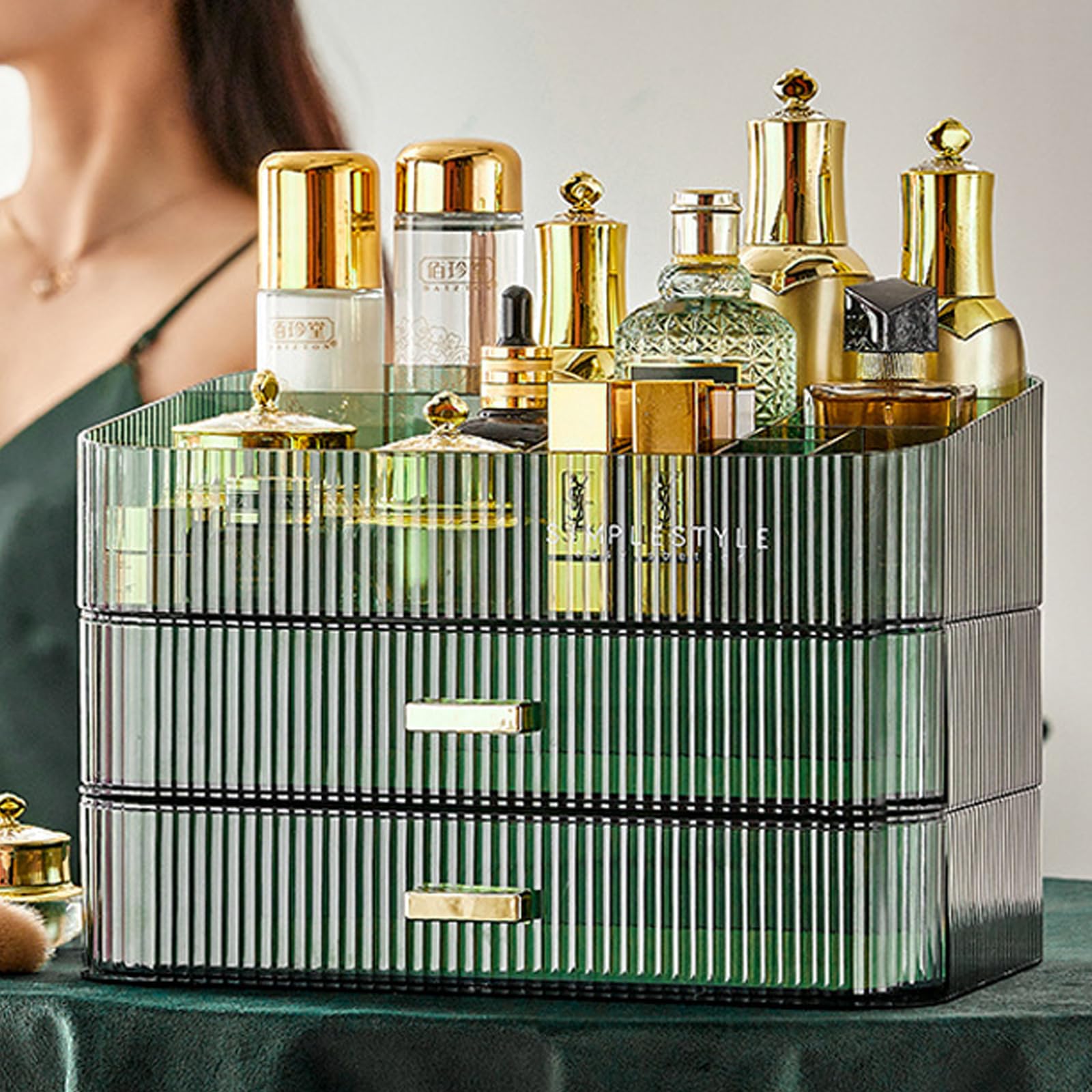 Stackable Makeup Organizer with Drawers - Large Cosmetic Storage Box for Makeup Brushes, Lipsticks & Skincare | Perfect for Bathroom Vanity, Dresser & Travel Organization (1 Tray, Green)