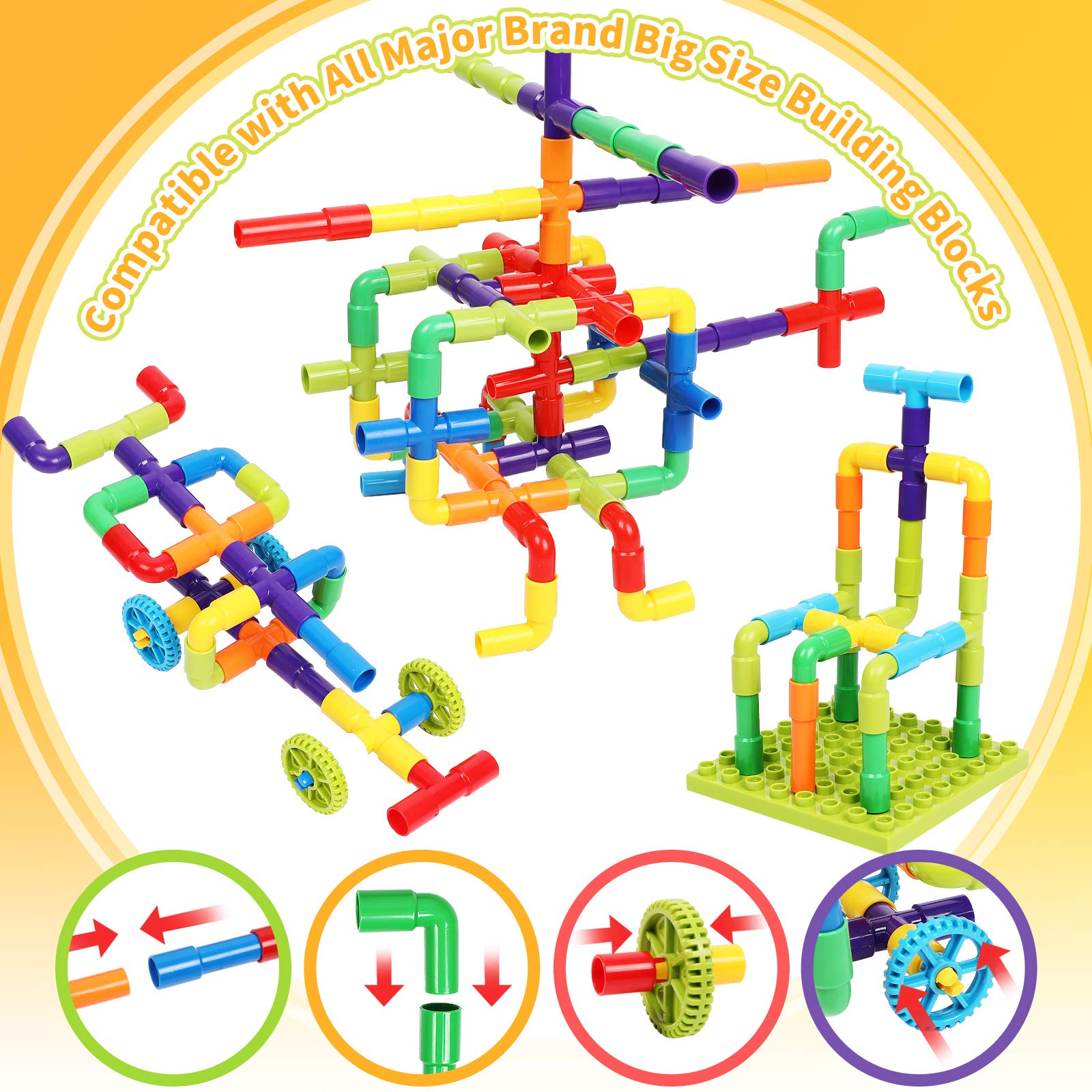 STEM Educational Building Toys for Kids Ages 3+ - 175 Piece Pipe Tube Construction Set with Interlocking Locks & Baseplate | Creative Learning Toys for Toddlers, Boys & Girls | Perfect for Classroom STEM Activities, Birthday Gifts & Early Childhood Development