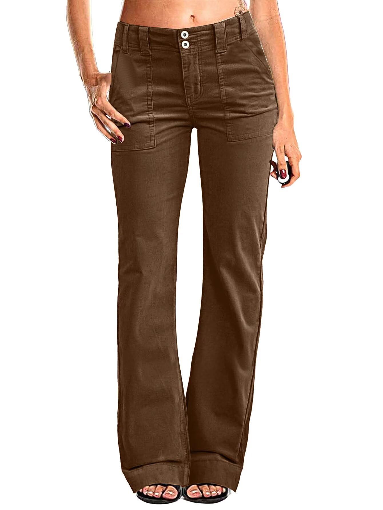Flamingals Women's Wide Leg Corduroy Pants - Mid Waist Flare Straight Leg Casual Dress Pants for Work, Office & Everyday Wear | Trendy Comfortable Workout Jeans for Women