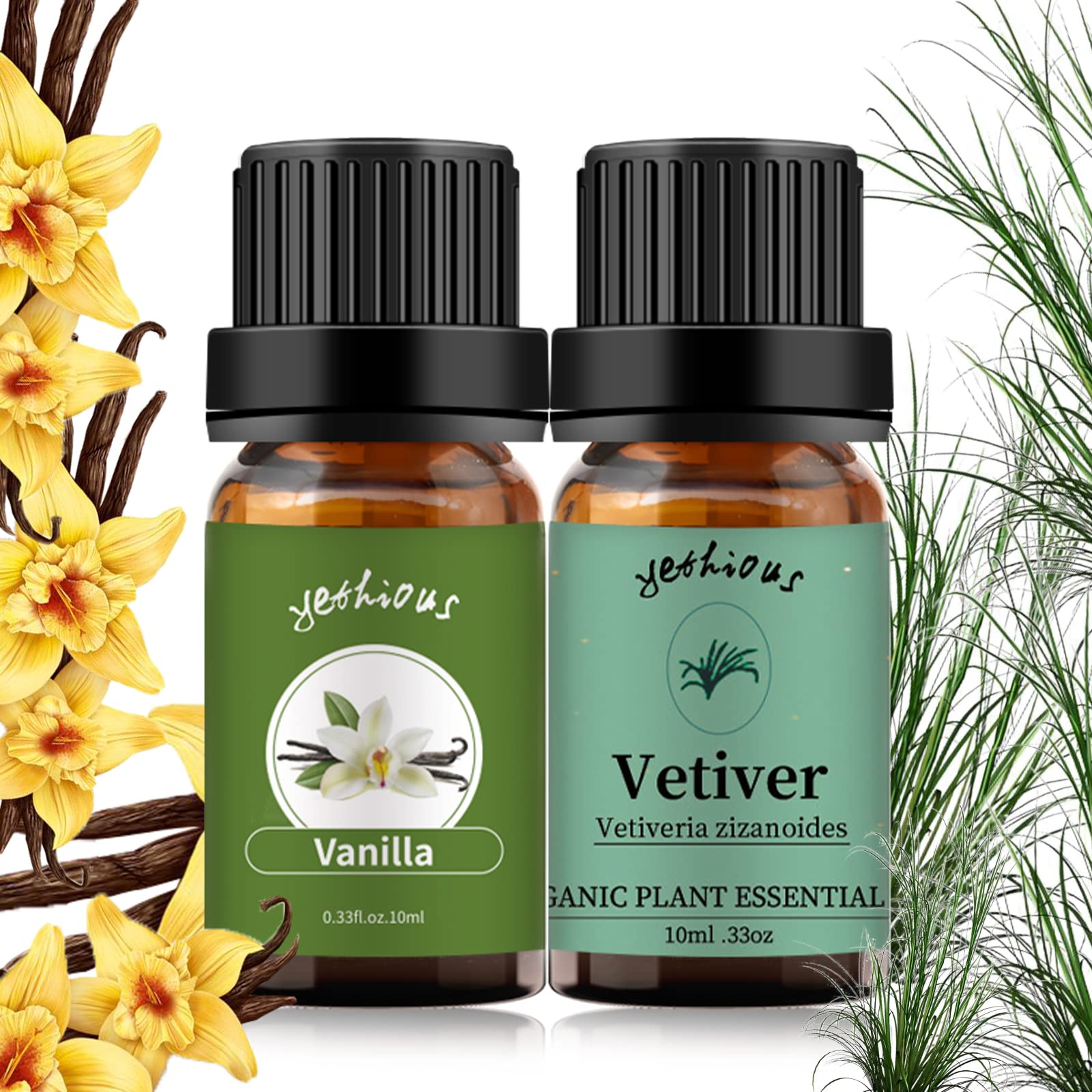 Yethious 2 Pack Vanilla Vetiver Essential Oils Set - 100% Pure Organic Aromatherapy Oils for Diffusers, Soap Making, Candles & DIY Skincare | Relaxing Scent for Home Spa, Yoga & Massage Therapy