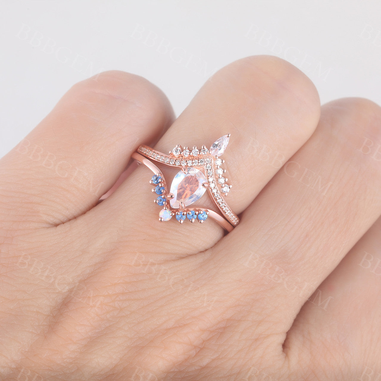 Vintage Rose Gold Moonstone Engagement Ring Set - Antique Bridal Jewelry for Women, Wedding Proposal, Anniversary Gift, Boho Chic Style
