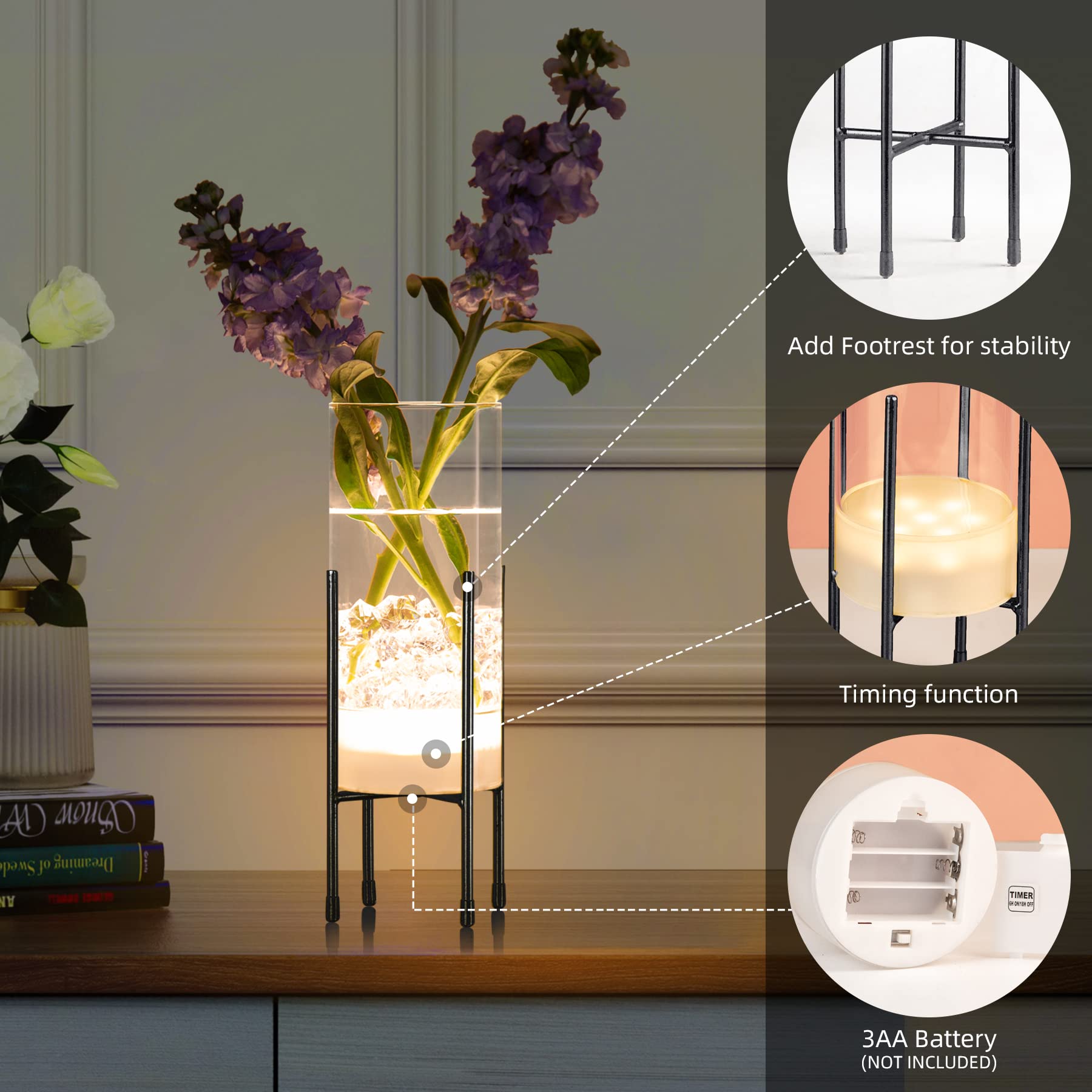 Modern Glass Flower Vase Set with LED Lights & Black Stand - 2 Pack Clear Table Vases for Home Decor, Wedding Centerpieces, Party Decorations - Perfect for Living Room, Dining Table, and Special Events