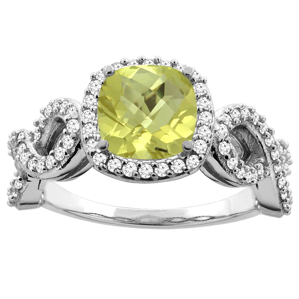 14K White Gold 7mm Cushion Cut Natural Lemon Quartz Engagement Ring for Women - Eternity Band with Diamond Accents (Sizes 5-10) | Perfect for Proposals, Anniversaries & Special Occasions