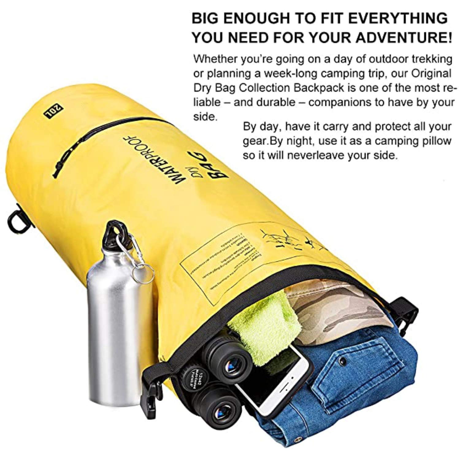 **Waterproof Dry Bag Backpack 10L - Lightweight Floating Sack for Camping, Swimming, Kayaking & Boating with 2 Exterior Zip Pockets - Yellow | Perfect for Outdoor Adventures & Water Sports**