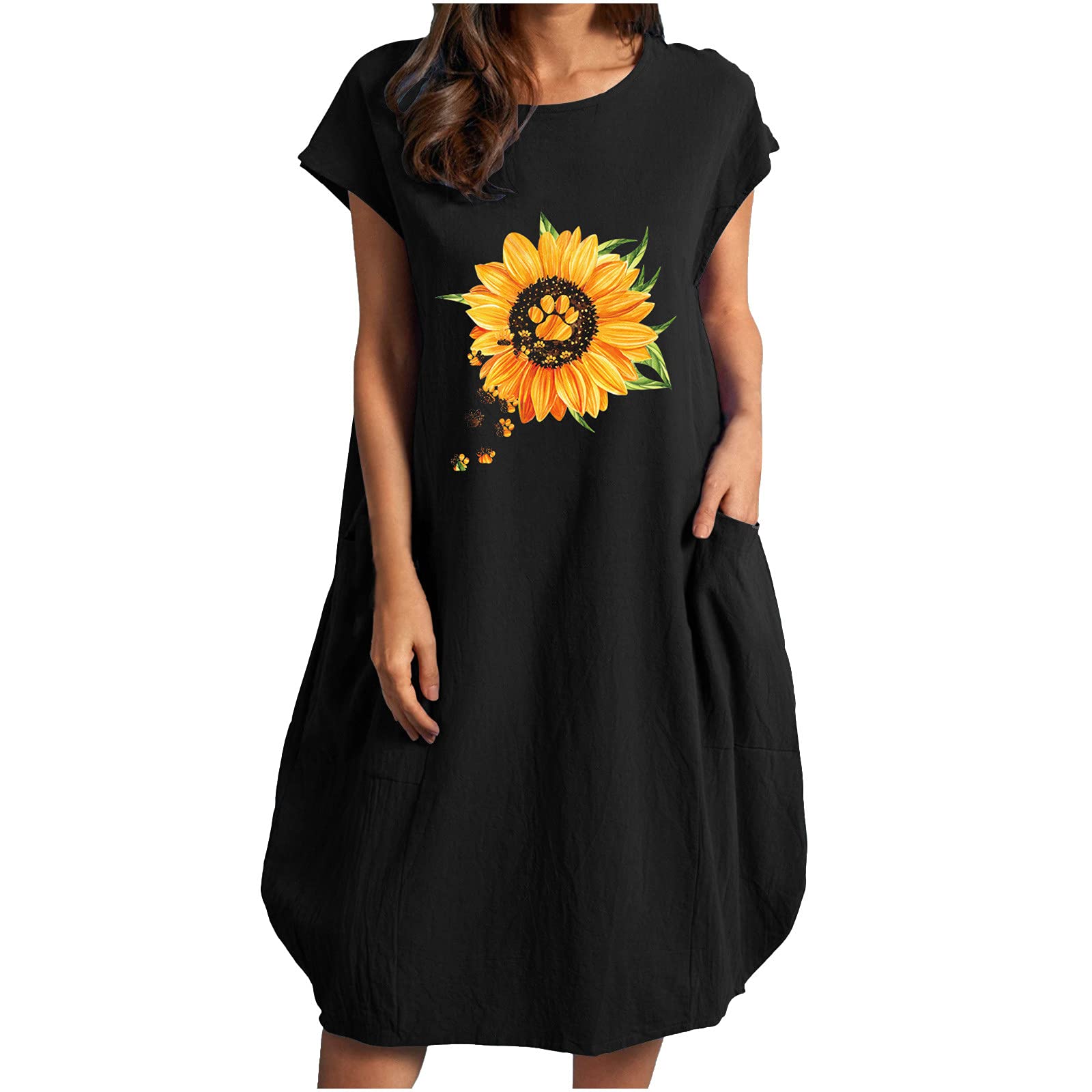Trendy Plus Size Women's Casual Crewneck Midi Dress with Pockets - Fall & Summer Graphic Print Fashion - Perfect for Office Wear, Date Nights & Weekend Outings
