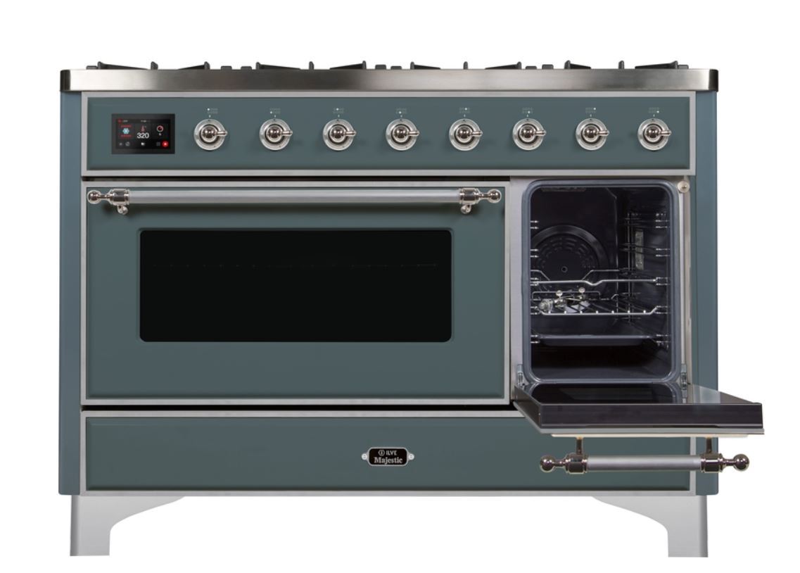 ILVE 48 Inch Majestic II Series Freestanding Dual Fuel Double Oven Range with 8 Sealed Burners, Triple Glass Cool Door & Convection Oven - Professional Gas Range for Home Kitchen, Restaurant & Catering (UM12FDNS)