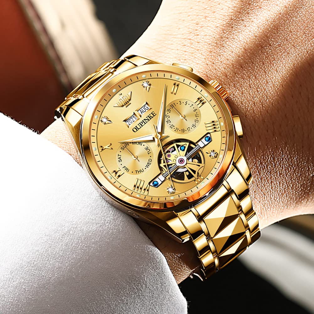OUPINKE Automatic Skeleton Self-Winding Dress Watch for Men - Waterproof Business Wristwatch with Luminous Tungsten Steel Case - Perfect for Formal Events, Office Wear & Special Occasions