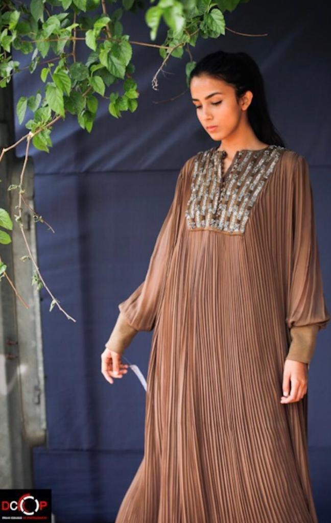 Elegant Dark Tan Hand Pleated Maxi Dress with Pewter Embellishment - Perfect for Summer Weddings, Beach Vacations & Evening Parties
