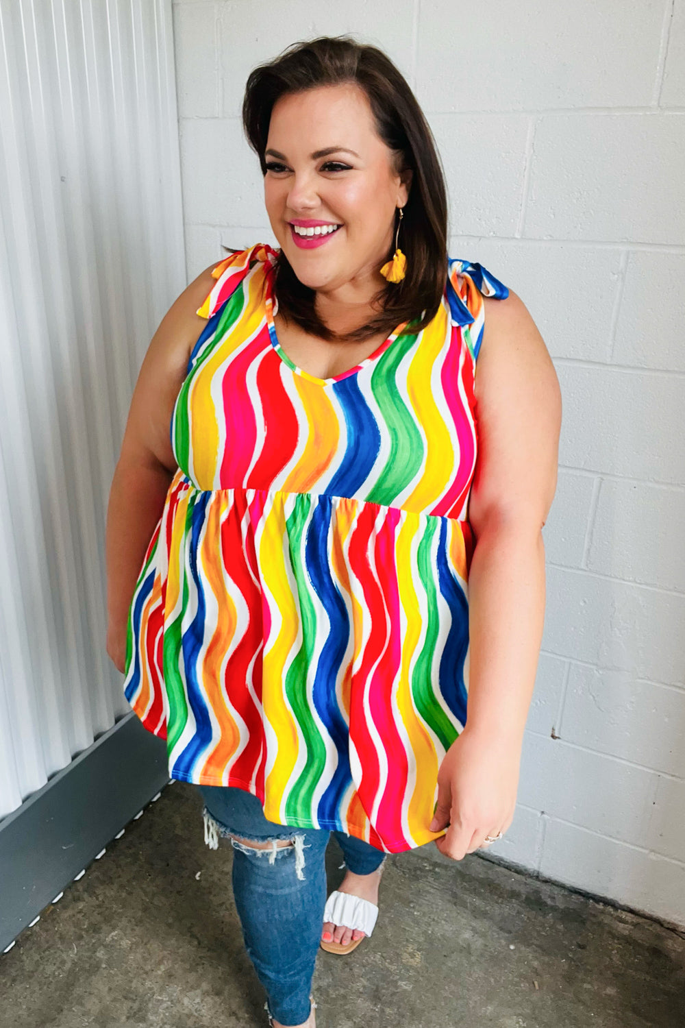 Trendy Multicolor Wavy Stripe Shoulder Tie Detail Blouse - Perfect for Summer Outfits, Beach Vacations & Casual Date Nights