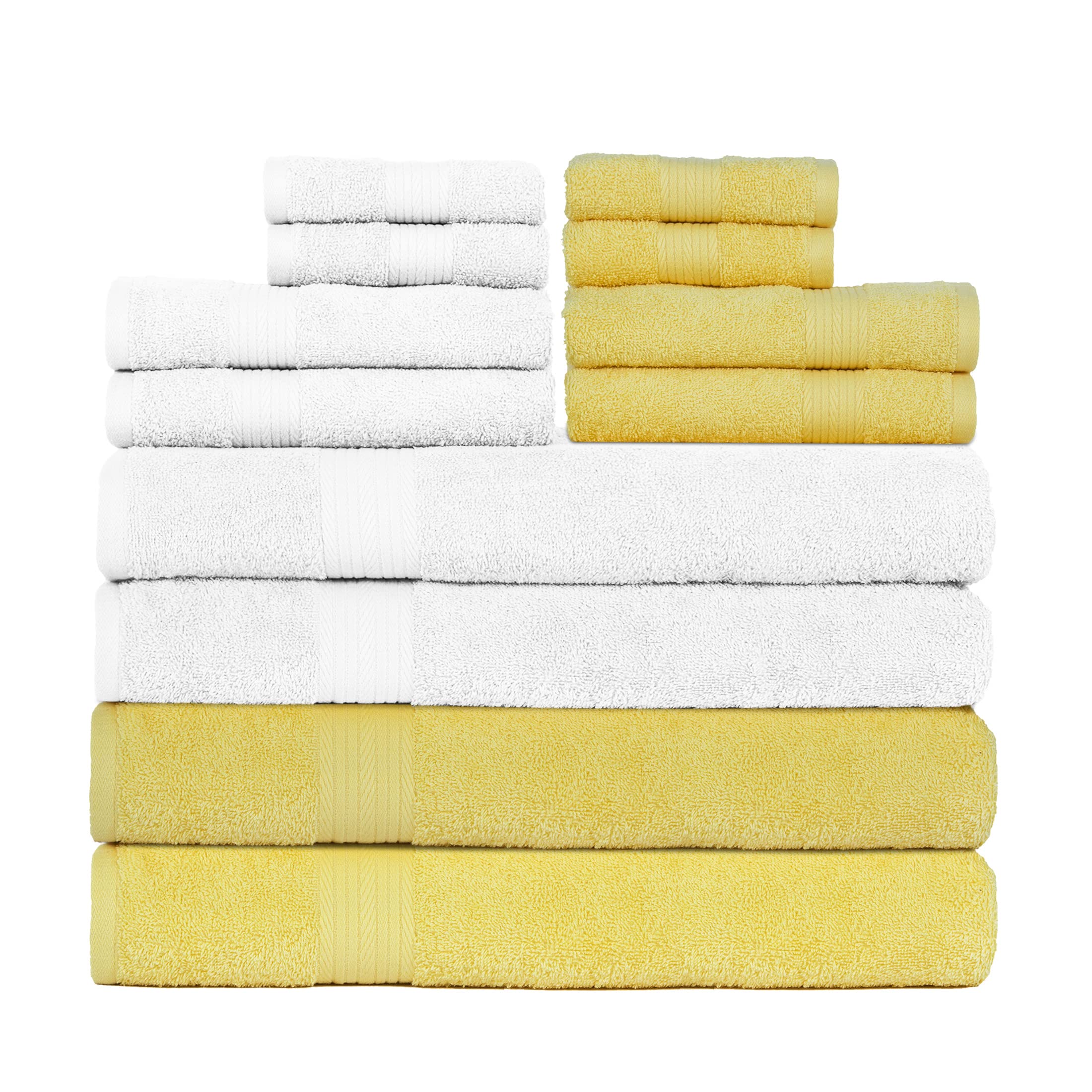 Premium 12-Piece Cotton Bath Towel Set - 600 GSM, 4 Bath Towels, 4 Hand Towels, 4 Washcloths | Ultra Absorbent & Soft | OEKO-TEX Certified | Machine Washable | White & Yellow | Perfect for Spa, Guest Bathroom & Luxury Gifts