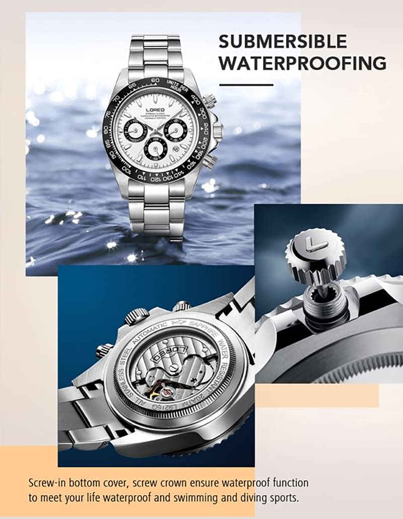 LOREO Men's Automatic Watch - Silver Stainless Steel, Sapphire Glass, Ceramic Bezel with Date Display - Military Diving Waterproof Watch (100M) for Outdoor Sports, Swimming & Everyday Wear