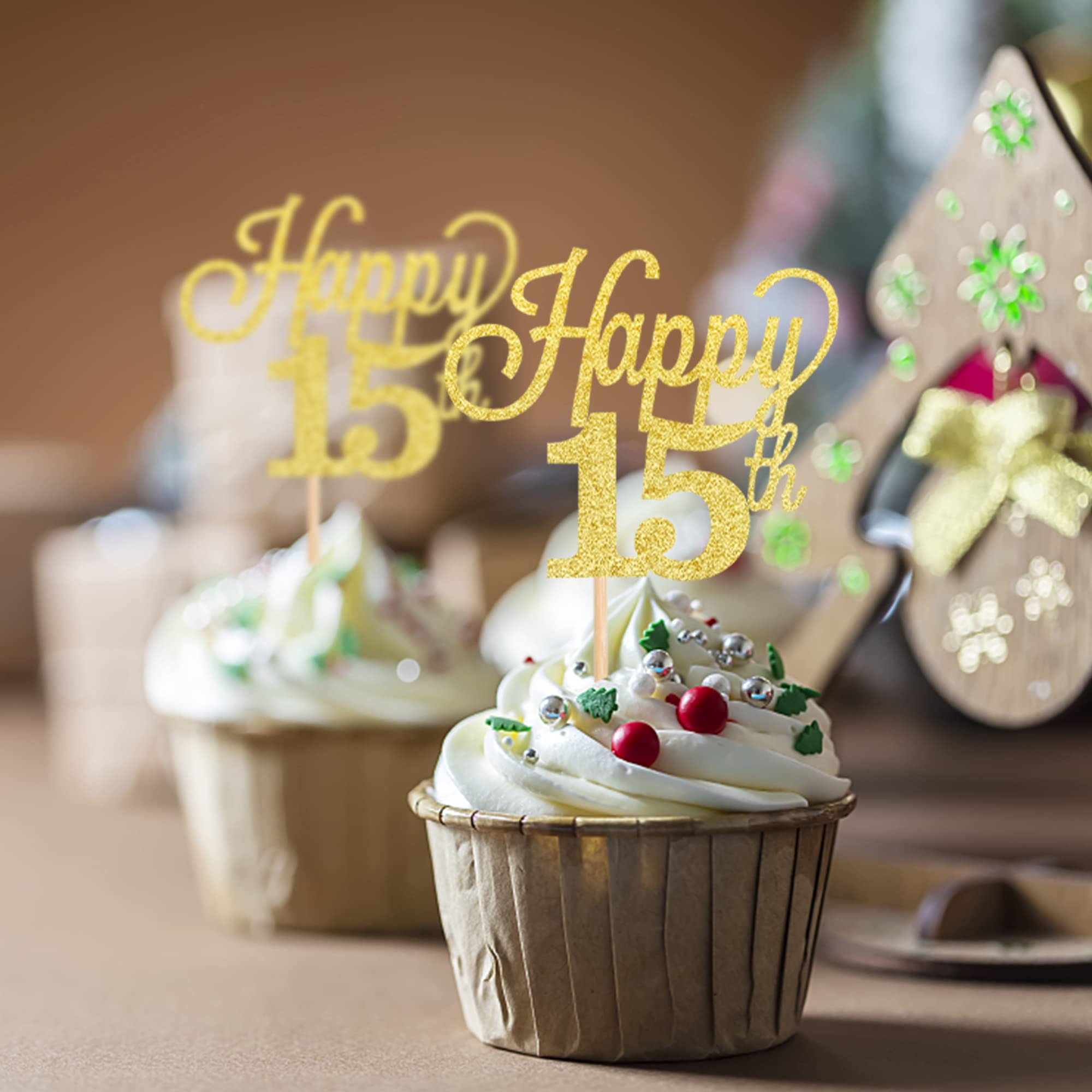 24 Pack Gold Glitter Number 15 Cupcake Toppers - Happy 15th Birthday Decorations, Fifteen Anniversary Party Supplies for Wedding, Sweet 16 & Quinceañera Celebrations
