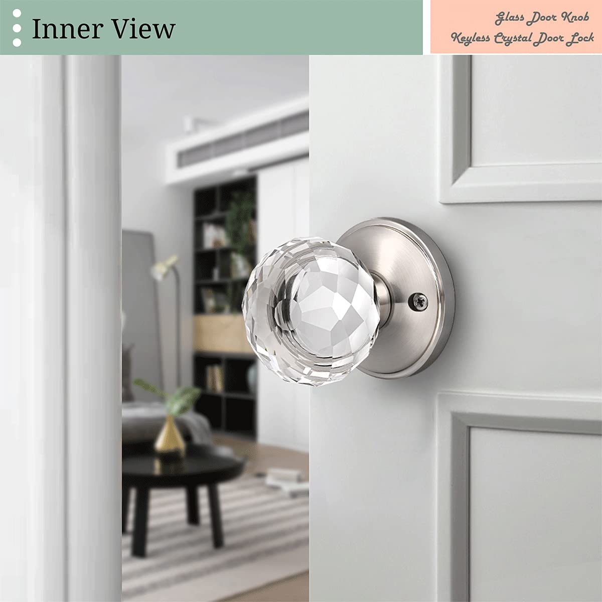 Crystal Style Passage Door Knobs - 2 Pack Satin Nickel Glass Interior Door Handles with Lock for Hall Closet & Bedroom Doors | Elegant Home Decor Upgrade
