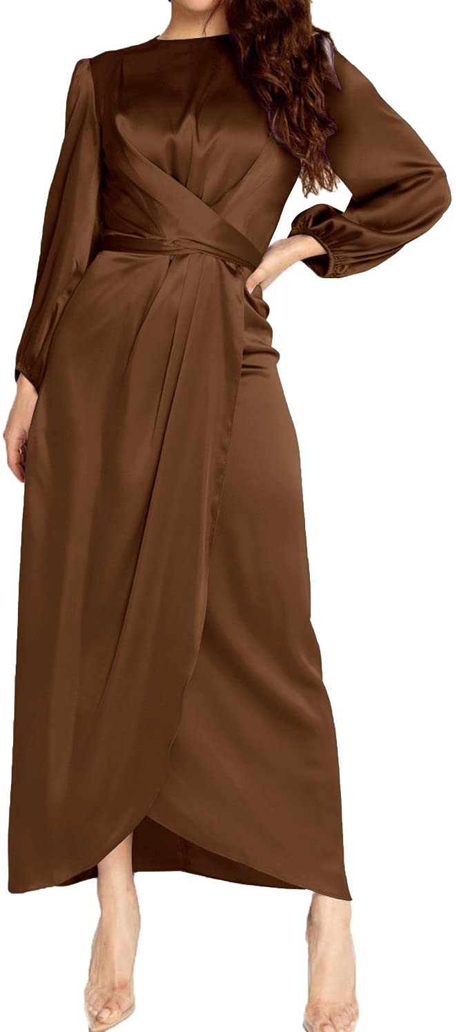 Elegant Empire Waist Long Sleeve Satin Maxi Dress for Women - Perfect for Weddings, Parties & Formal Occasions