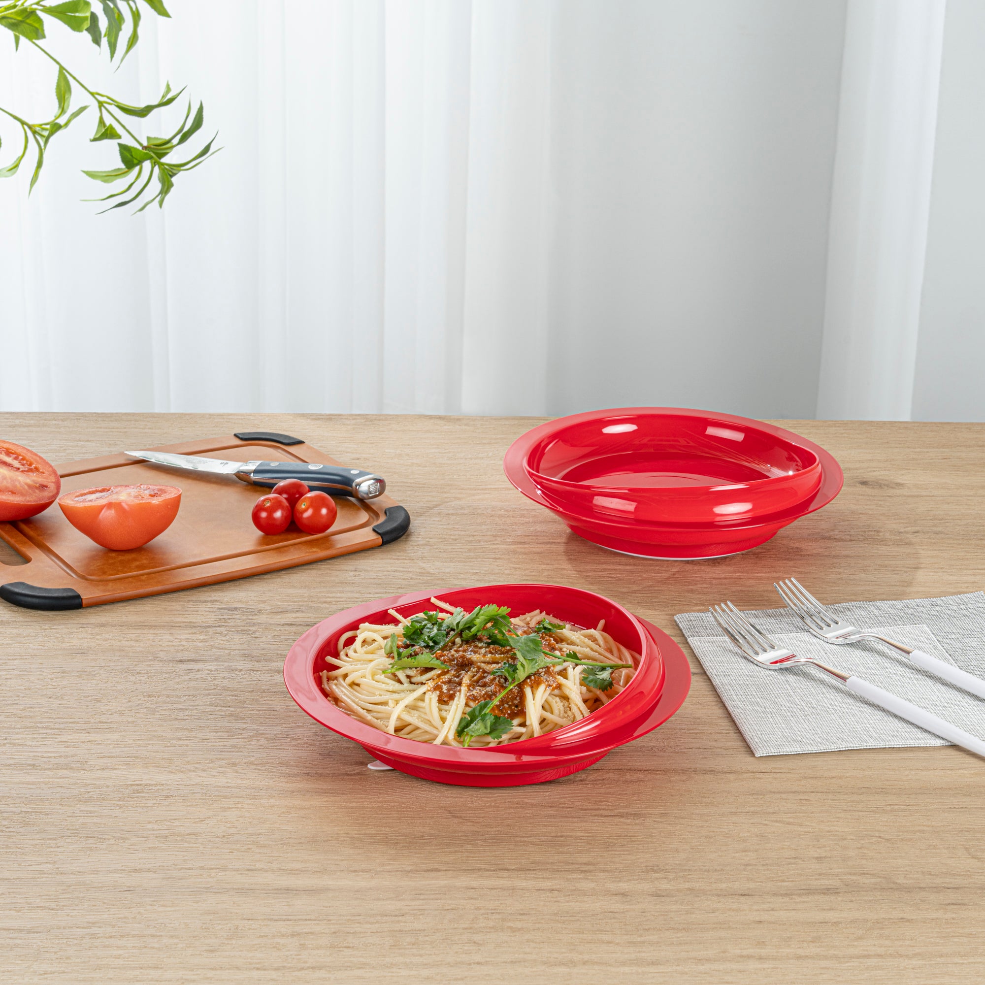 Adapt Tek Round Red Plastic Scoop Plate - Spillproof with Suction Base, 9 x 9 x 2.25 Inches, 1 Count - Perfect for Baby Feeding, Toddler Mealtime & Special Needs Dining