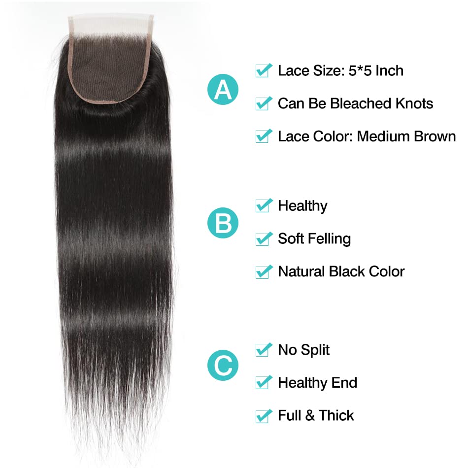 100% Unprocessed Peruvian Straight Human Hair Weave Bundles with 5x5 Lace Closure (10A Grade) - 3 Bundles + Free 20