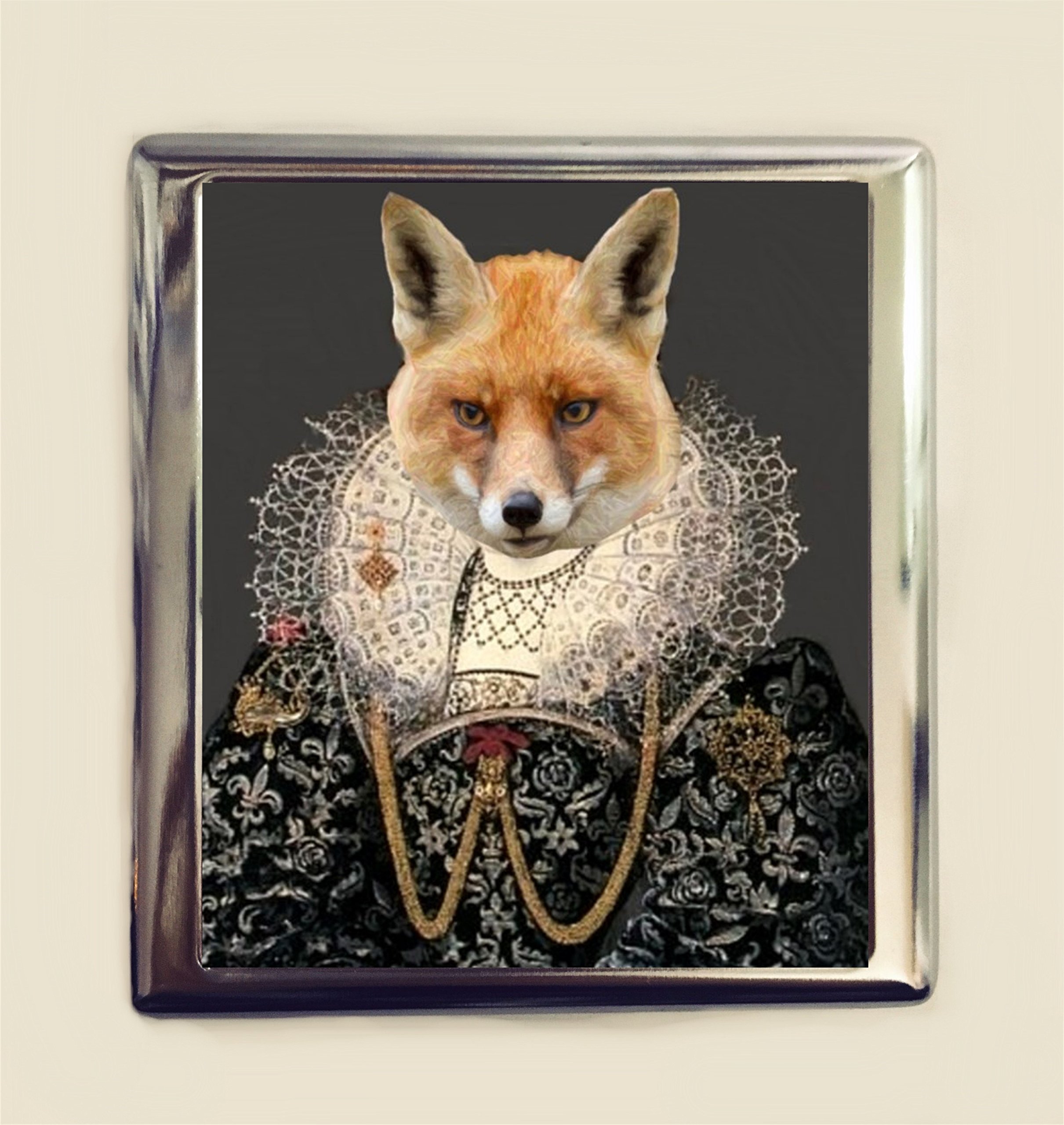 Stylish Aristocrat Fox Cigarette Case & Card Holder - Animal Pop Art Design for Business Cards, IDs, and Cash - Perfect for Parties, Gifts, and Royal-Themed Events