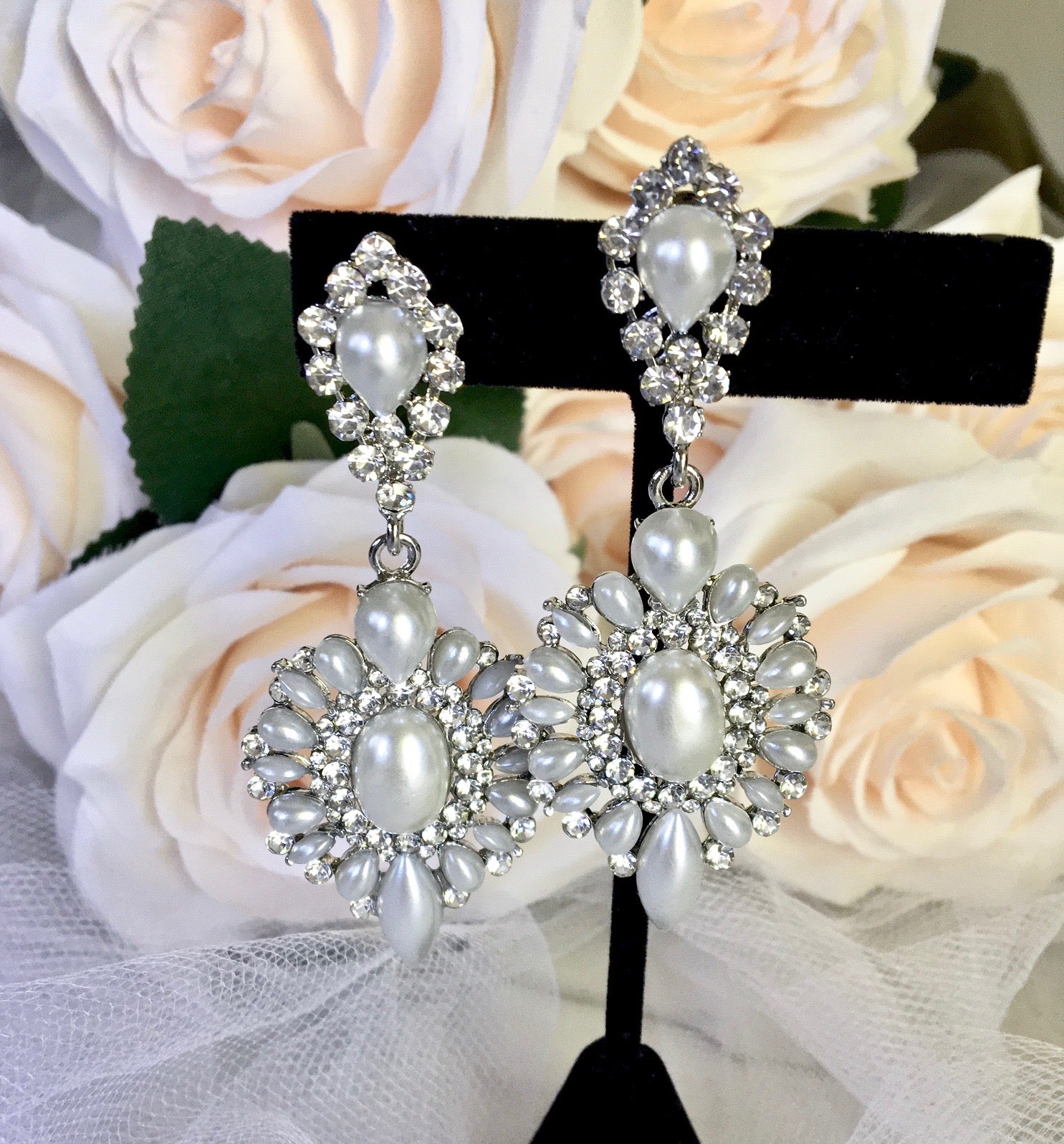 Jeannine Pearl and Rhinestone Bridal Earrings for Women - Elegant Wedding Jewelry for Bride, Bridesmaids, and Special Occasions