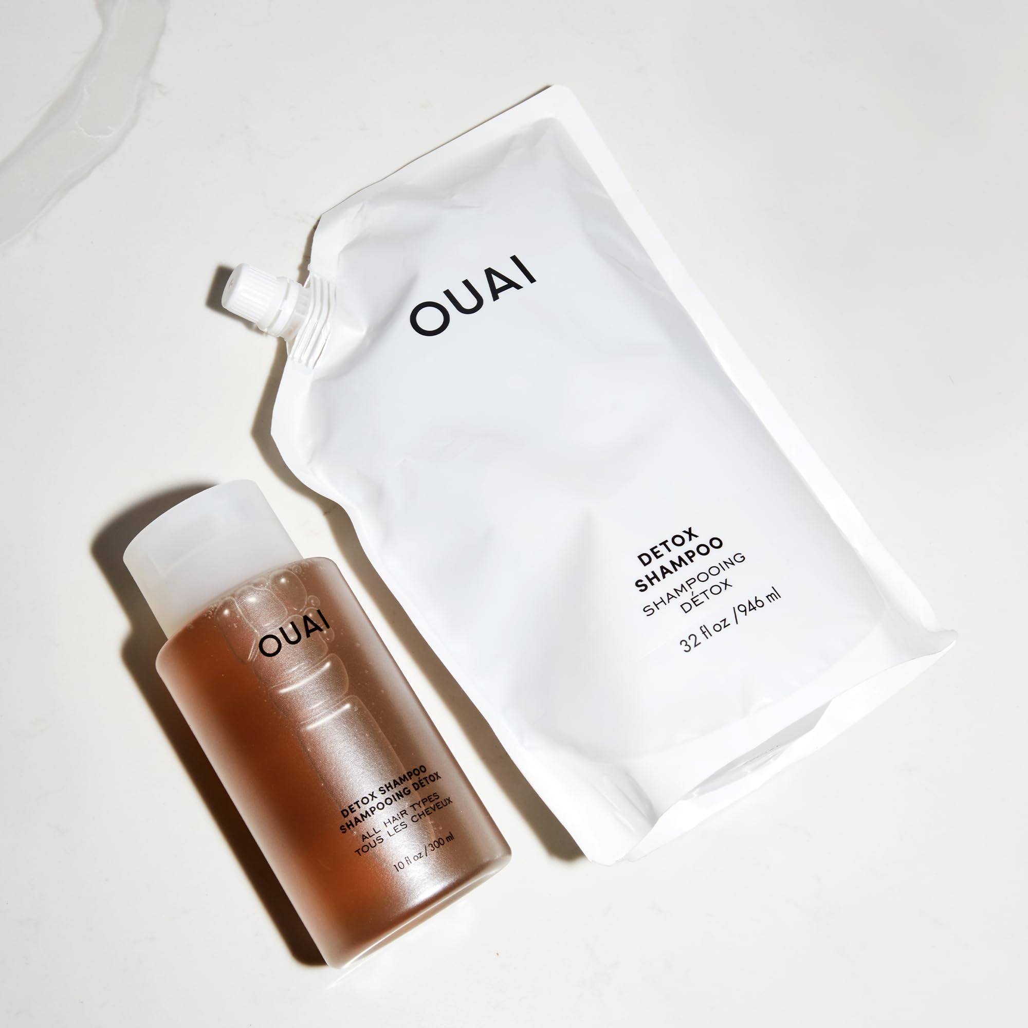 OUAI Detox & Clarifying Shampoo with Apple Cider Vinegar & Keratin - Sulfate Free Hair Care for Build Up, Oil, Product & Hard Water - 10oz + 32oz Refill Bundle (2 Count) - Perfect for Deep Cleansing & Refreshing Hair at Home or Salon