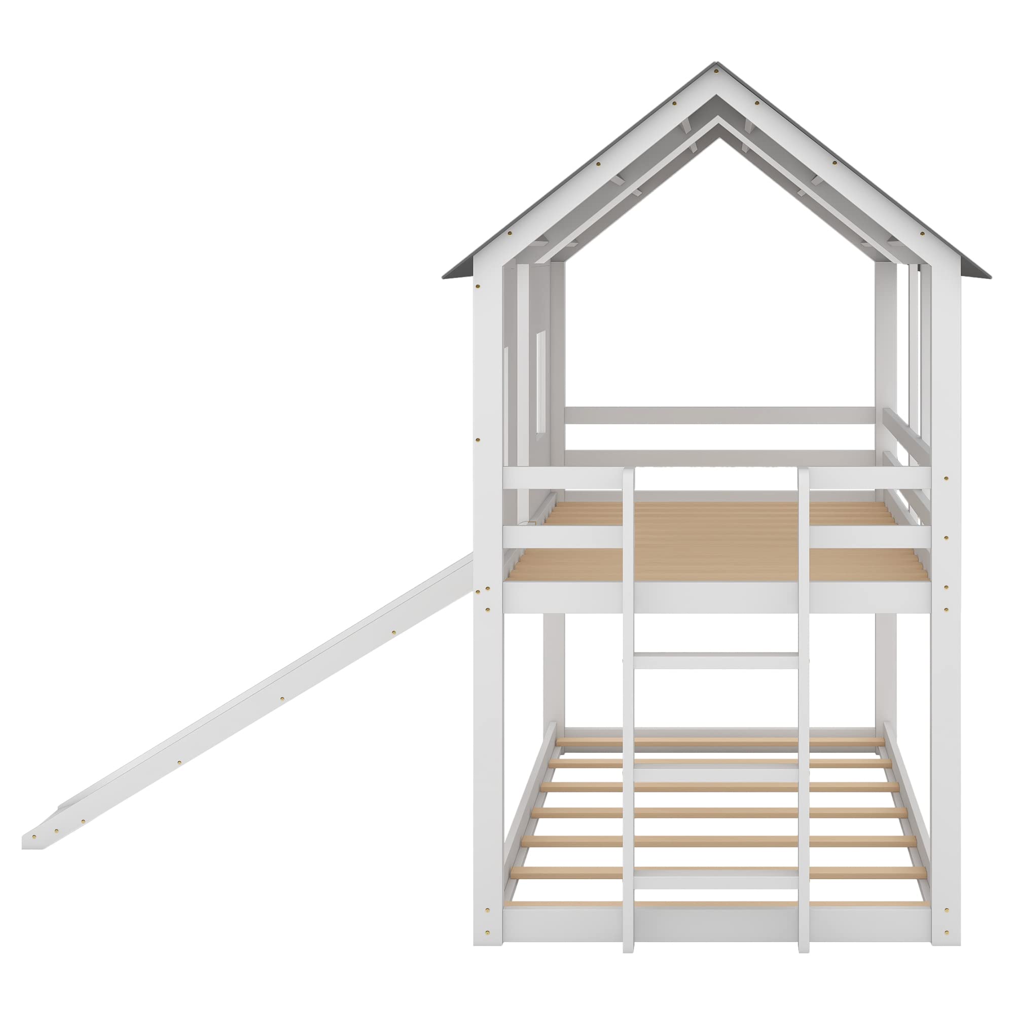 Twin Over Twin Solid Wood Bunk Bed with Slide, Safety Guardrail & Roof Window - Sturdy Low Bunk Bed Frame for Kids & Teens - Perfect for Small Bedrooms, Shared Kids' Rooms & Sleepovers