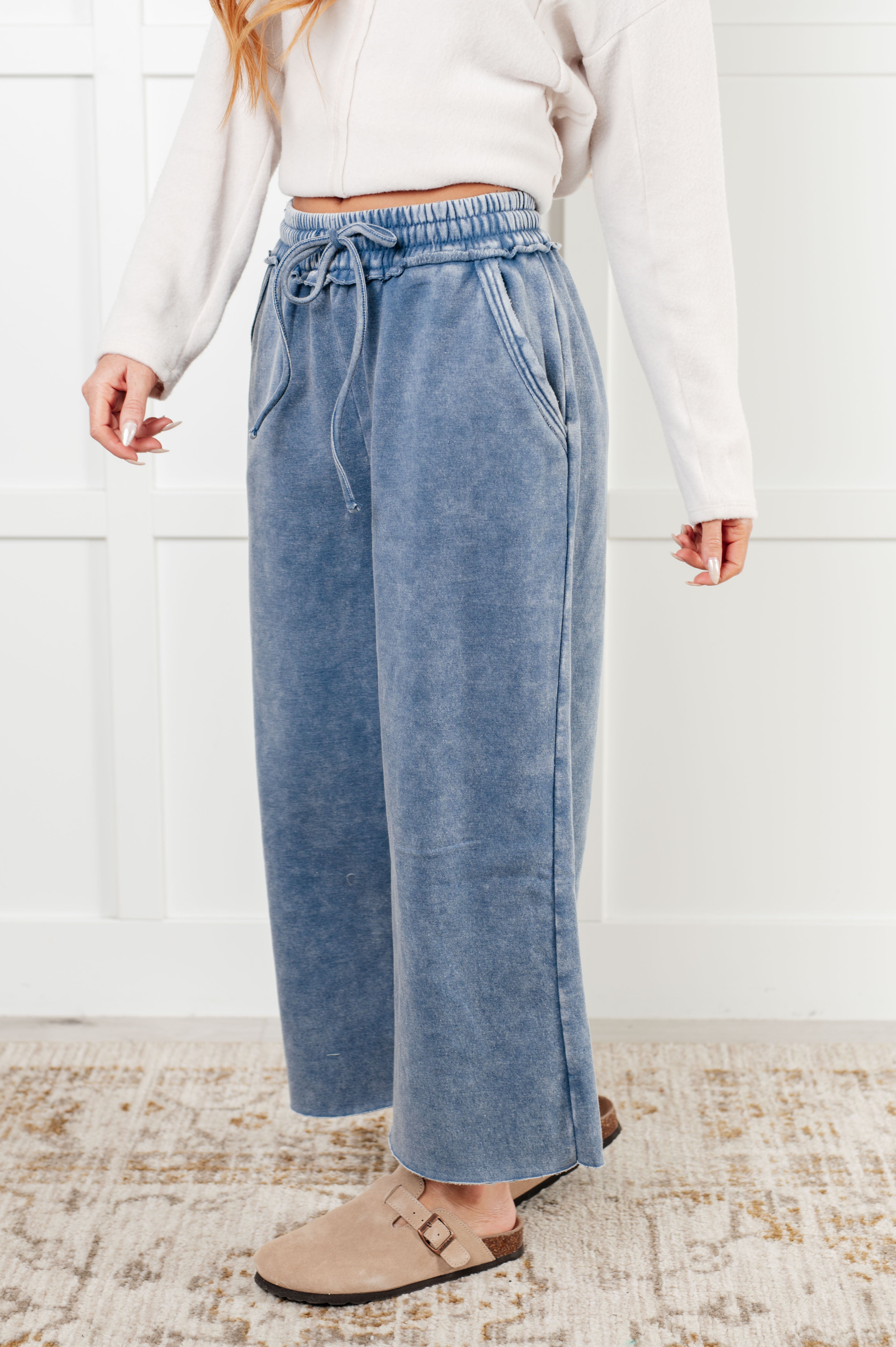 Stylish Dusty Blue Wide Leg Cropped Pants for Women - Casual & Office Wear | Comfortable High Waist Trousers for Everyday Outfits