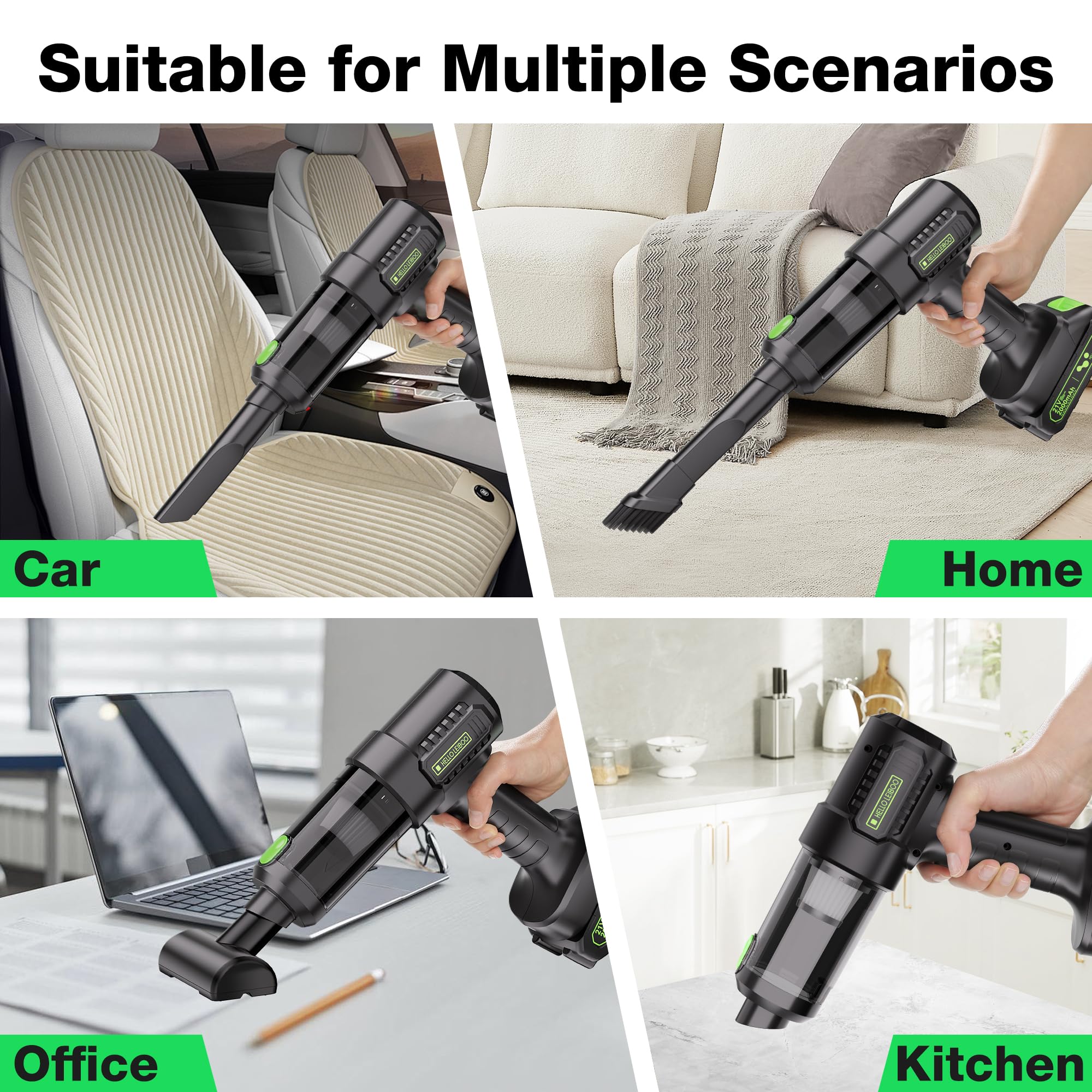 helloleiboo 4-in-1 Cordless Handheld Vacuum Cleaner - 16000PA Powerful 21V Rechargeable Car Vacuum with Removable Battery & Multi-Nozzles for Home, Office, Pet Hair Cleaning (Green) - Perfect for Cars, Sofas, Stairs & Pet Areas