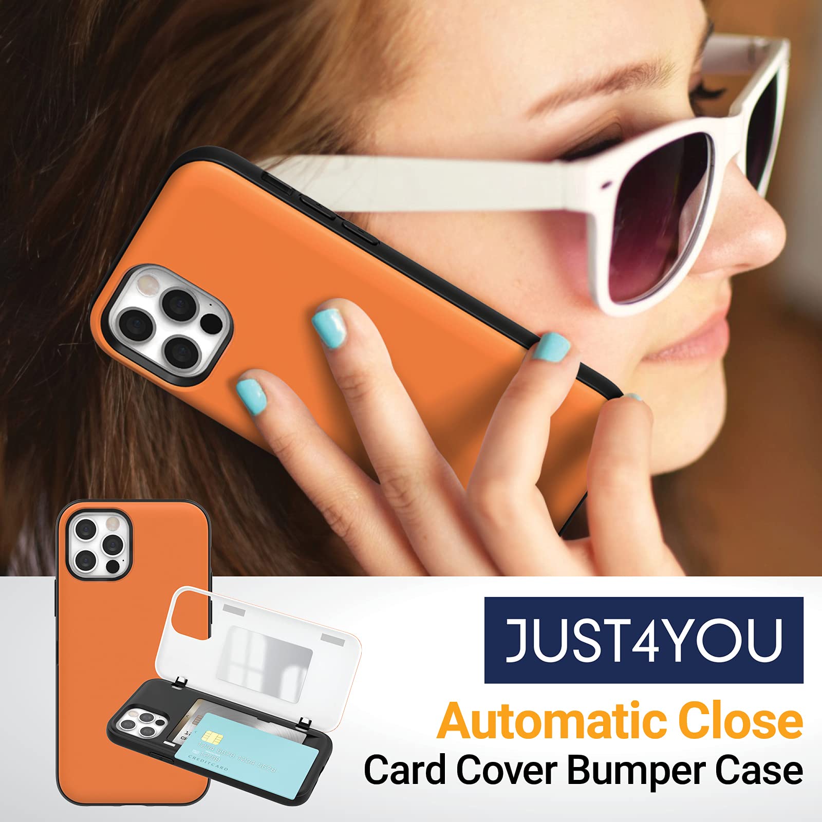 JUST4YOU Magnetic Wallet Case for iPhone 12 Pro Max - Auto Closure with Card Holder & Hidden Mirror, Shockproof Bumper Cover (Orange) | Perfect for Everyday Use, Travel & Hands-Free Convenience