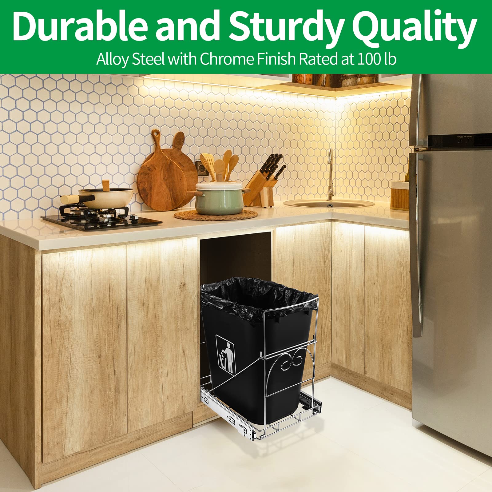Ormeli Pull Out Trash Can Under Cabinet - Adjustable Slide-Out Garbage Shelf for Kitchen, Roll-Out Waste Bin Rack Under Sink/Pantry (Trash Can Not Included) | Perfect for Small Kitchens & Space Saving Storage Solutions