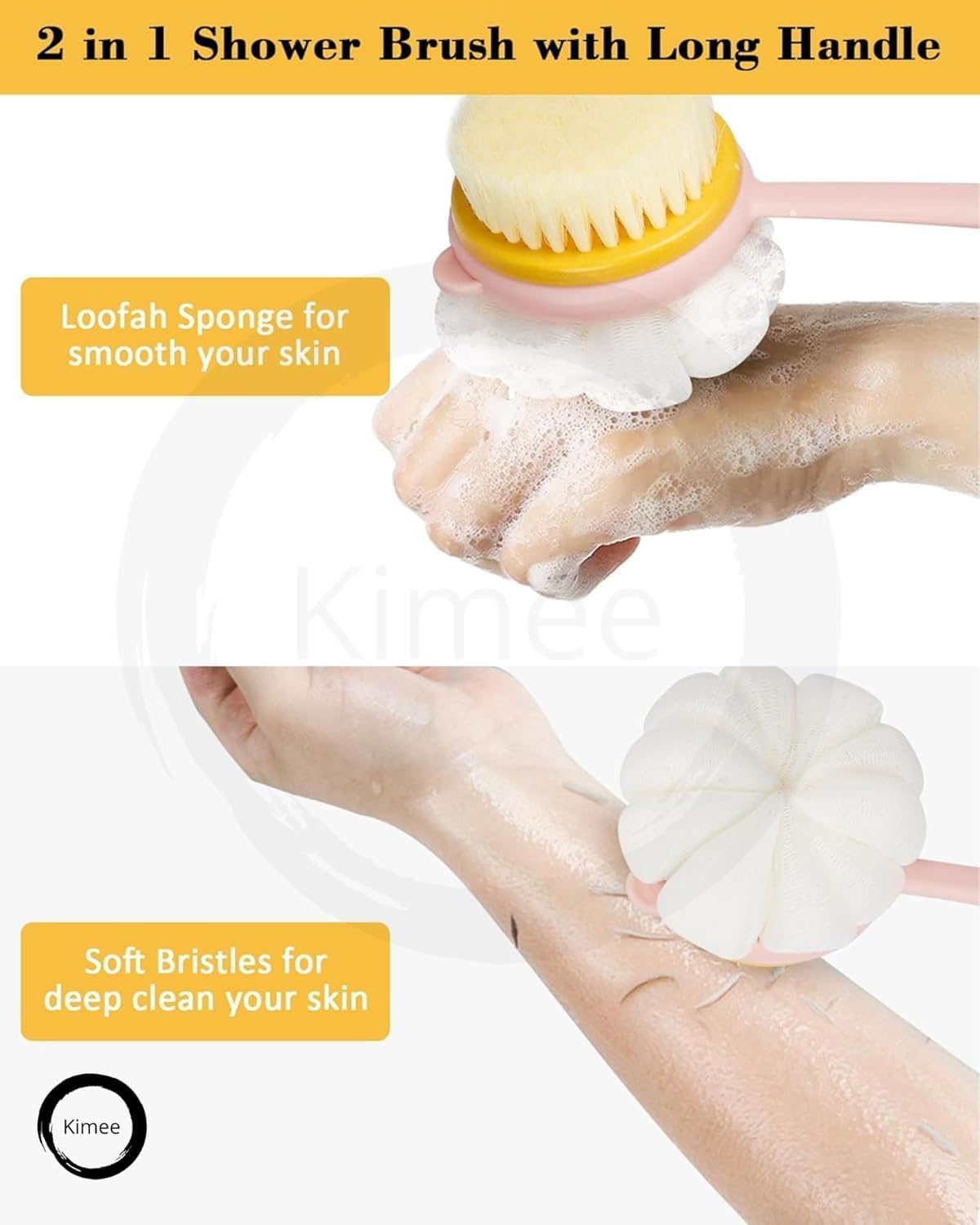 KIMEE 2 in 1 Body Brush & Back Scrubber - Long Handle Exfoliating Brush with Bristles for Wet/Dry Skin Massage | Improves Circulation & Removes Dead Skin Cells | Perfect for Shower, Bath & Spa Days
