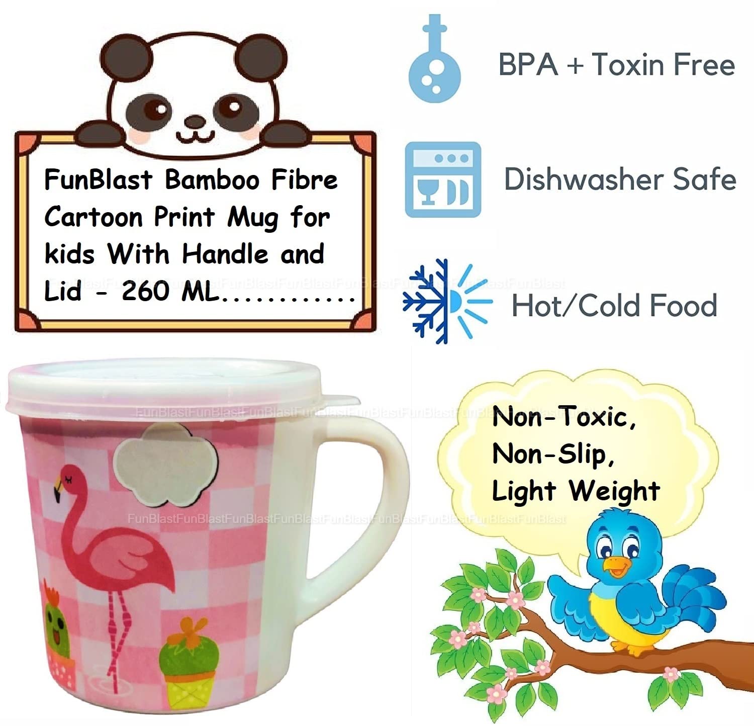 FunBlast Kids Milk Mug with Lid – BPA-Free Cartoon Flamingo Design, Bamboo Fiber Cup for Toddlers & Children, 260ml Leak-Proof Handle Mug – Perfect for School, Travel, and Home Use