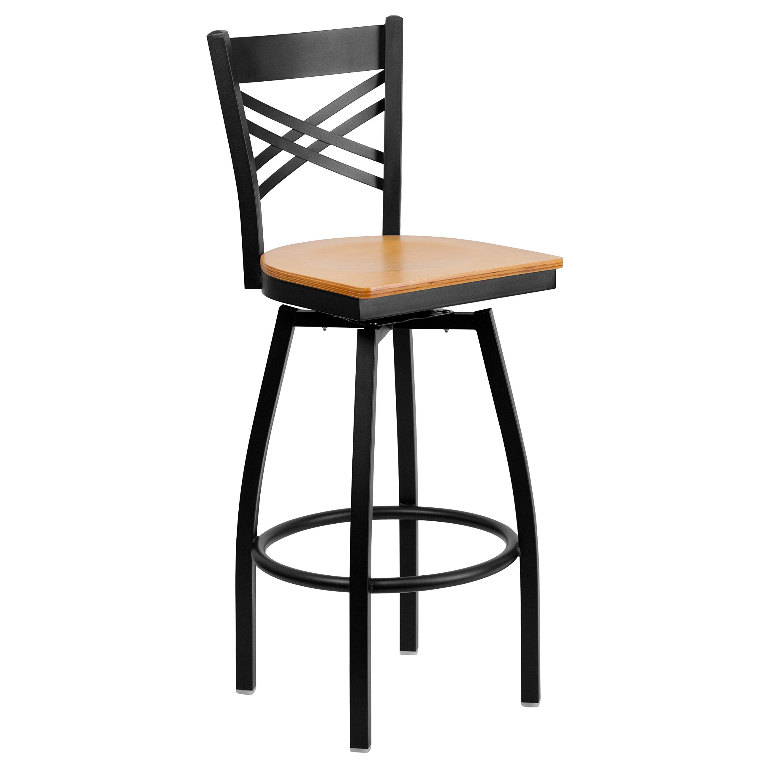2 Pack Black X-Back Swivel Metal Bar Stools with Natural Wood Seat - Perfect for Kitchen Island, Dining Room, and Home Bar Decor