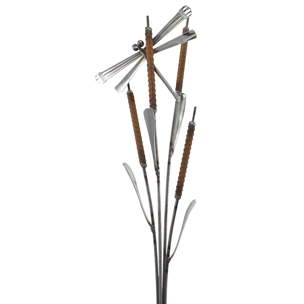 American Made Rusty Cattails Garden Stake with Dragonfly Sculpture – 34