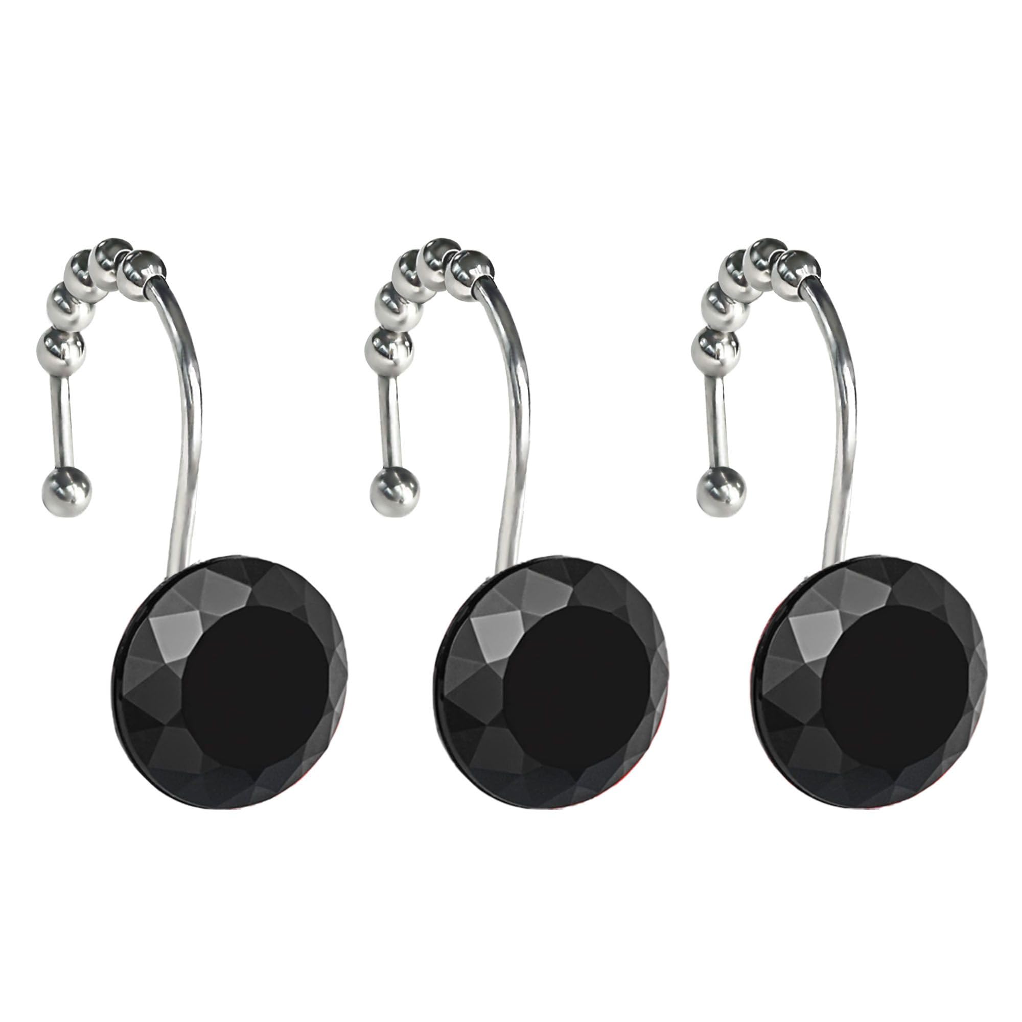 12-Pack Black Crystal Diamond Shower Curtain Hooks - Rustproof Stainless Steel Rings with Rhinestone Decor for Bathroom | Elegant Bling Glam Accessories for Home Spa, Luxury Hotel, and Wedding Decor