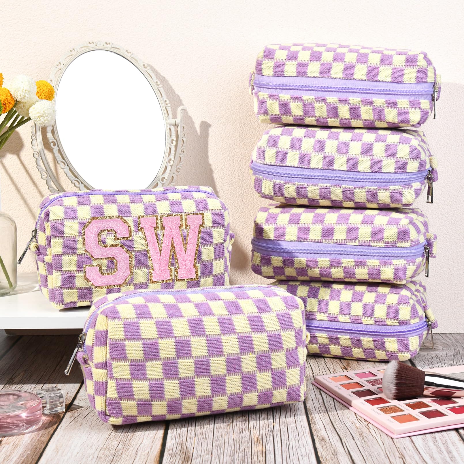 6-Piece Preppy Makeup Bag Set - Bulk Checkered Cosmetic Pouches in Purple | Personalized Travel Toiletry Organizer | Cute DIY Makeup Brushes Storage for Women | Perfect for Travel, Gifts & Daily Beauty Organization