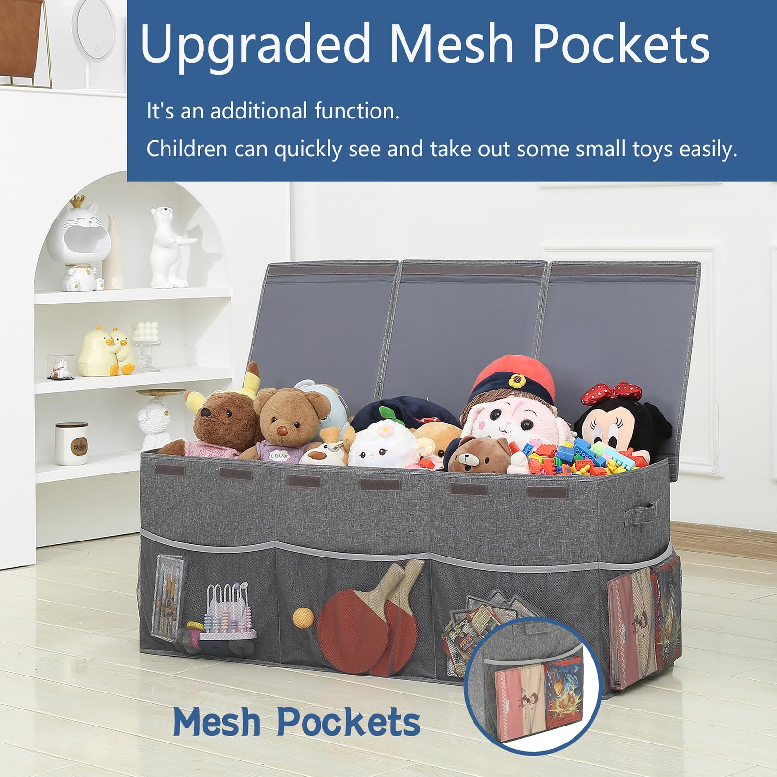 Extra Large Toy Storage Box with Mesh Pockets - Foldable Organizer Chest with Lid for Kids Toys, Nursery, Playroom & Office - Perfect for Organizing Stuffed Animals, Books & Toys (Boys & Girls)