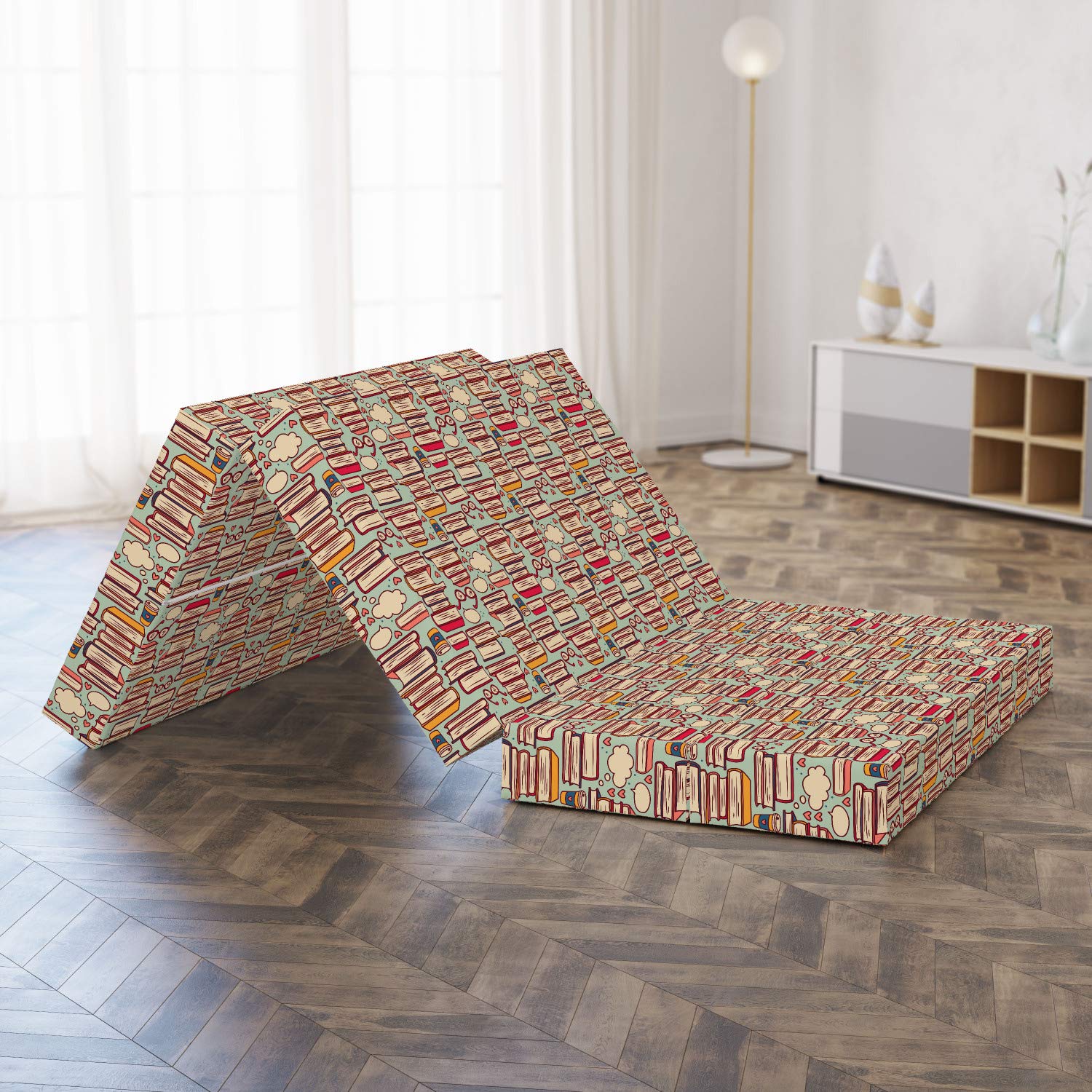 Ambesonne Cartoon Foldable Mattress with Stack of Books & Eyeglasses Design - 78.7
