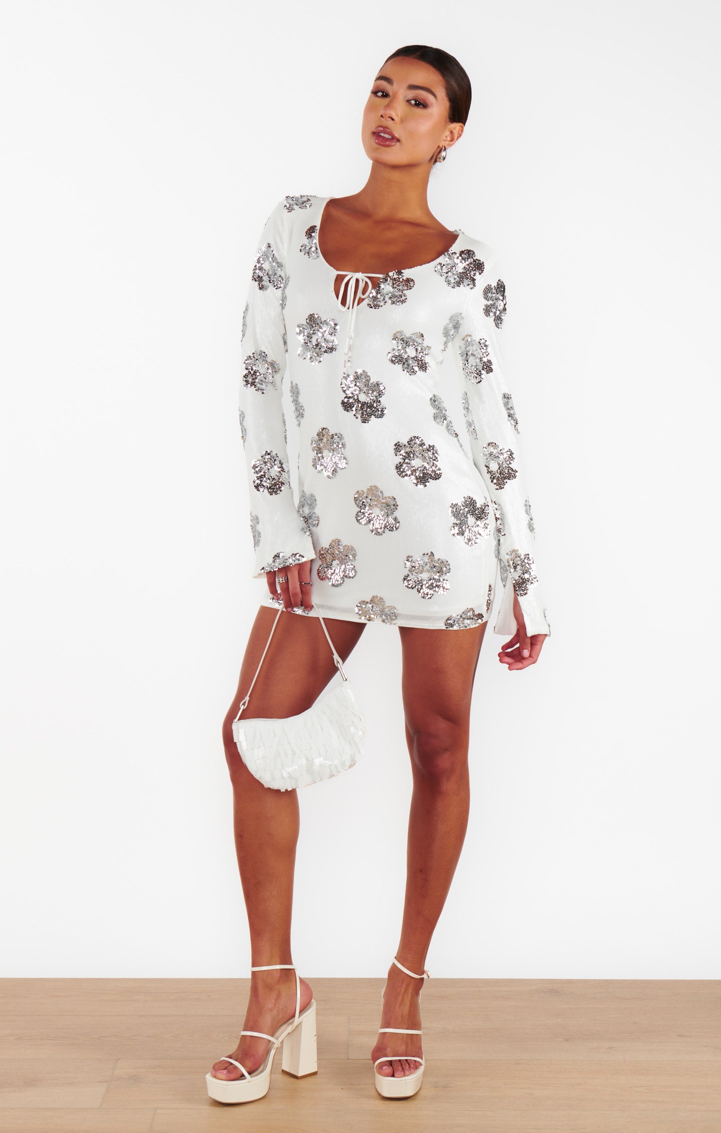 Matilda Mini Dress with Daisy Sequins - Elegant White Party Dress for Women | Perfect for Cocktail Parties, Weddings & Special Occasions