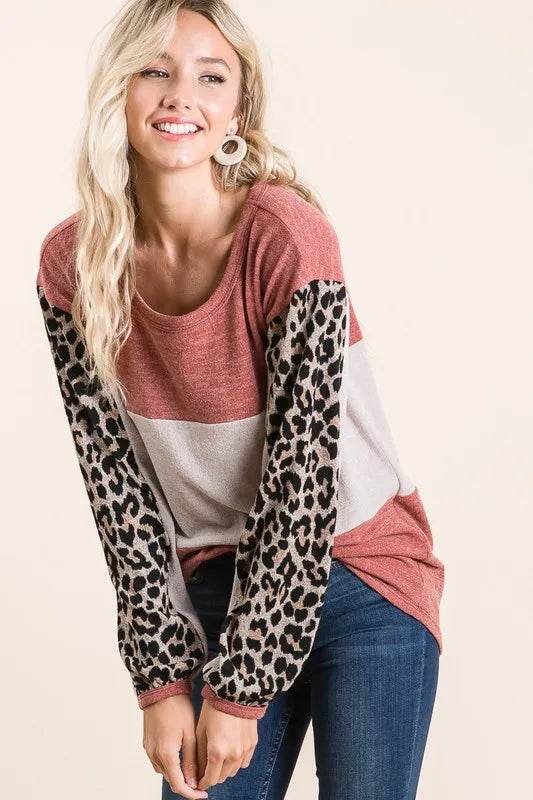 Stylish BiBi Sweater Knit Color Block Top with Leopard Print - Perfect for Casual Outings, Fall Layering & Trendy Streetwear Looks