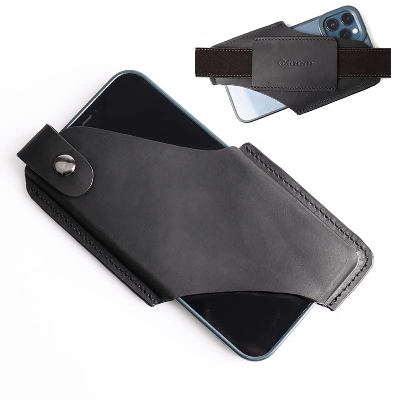 Premium Leather Phone Holster for Belt Loop - Magnetic Button Closure Cell Phone Pouch Case (Black) - Ideal for Work, Travel & Outdoor Activities