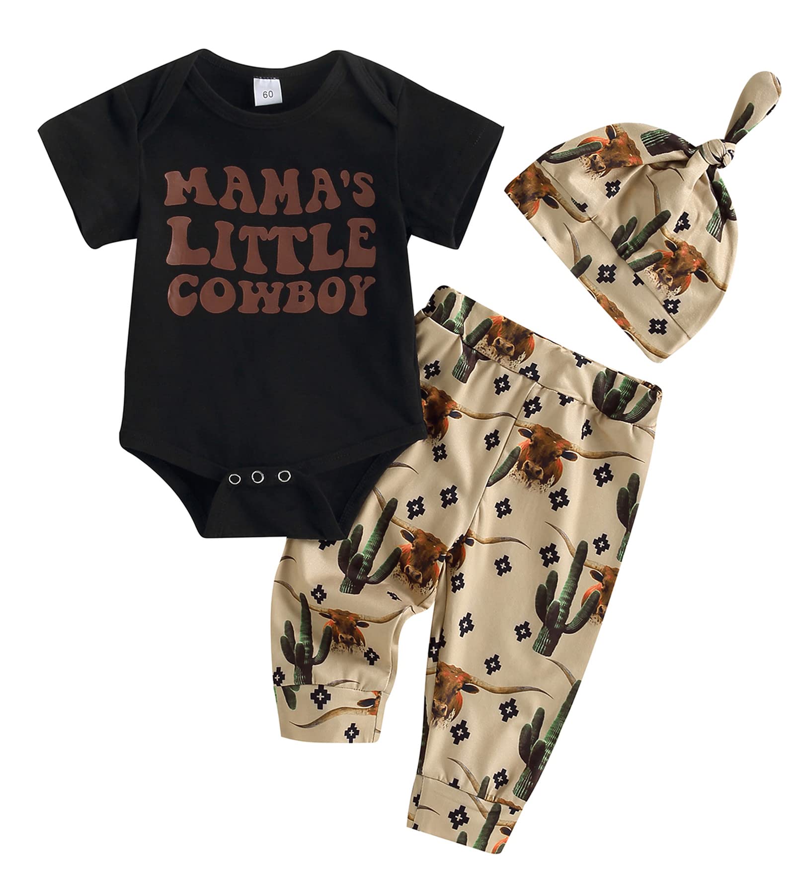 SAYOO Western Cowboy Outfit for Newborn Baby Boys - Cow Print Letter Bodysuit, Long Leggings & Cap 3-Piece Set | Cute Country Style Infant Clothes for Photo Shoots, Parties & Western Theme Events