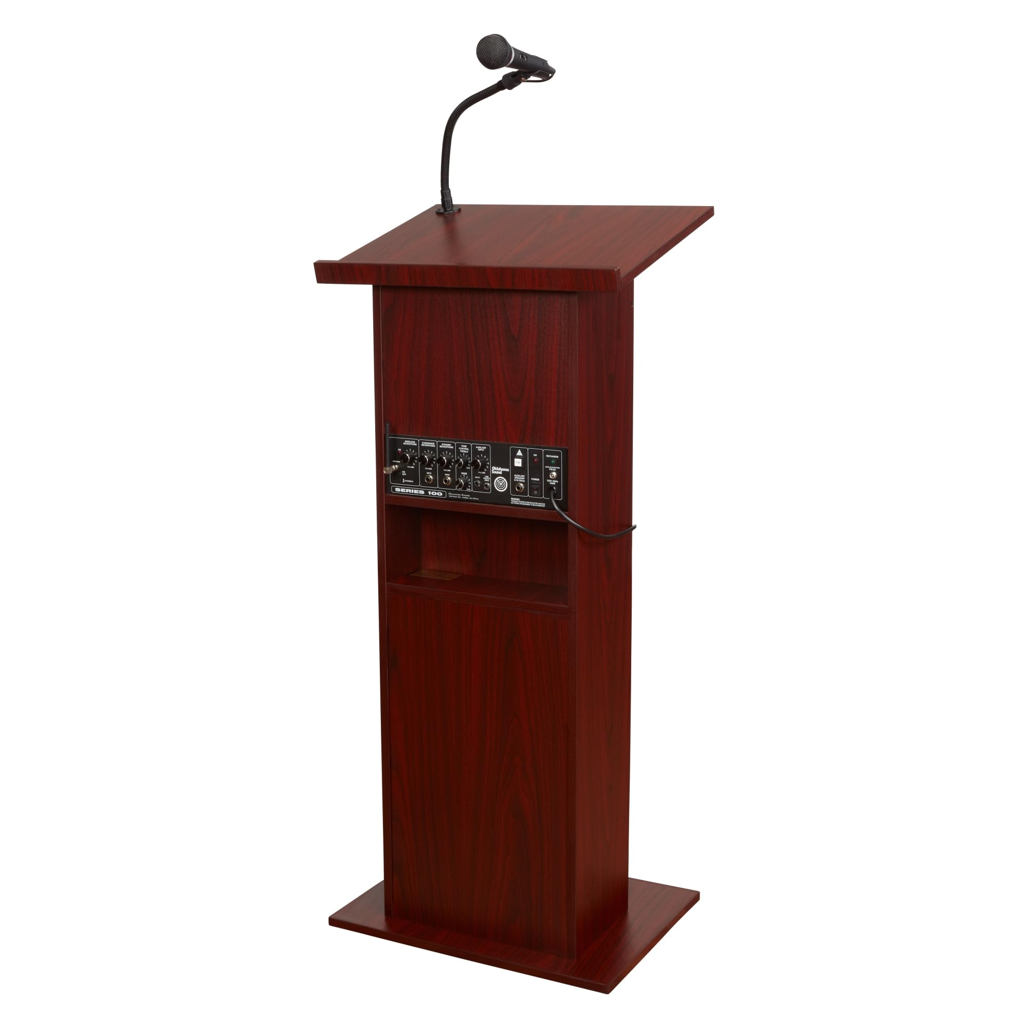 Oklahoma Sound 111PLS-MY/LWM-7 Power Plus Lectern & Wireless Headset Microphone System - Premium Mahogany Finish for Churches, Conference Rooms & Public Speaking Events
