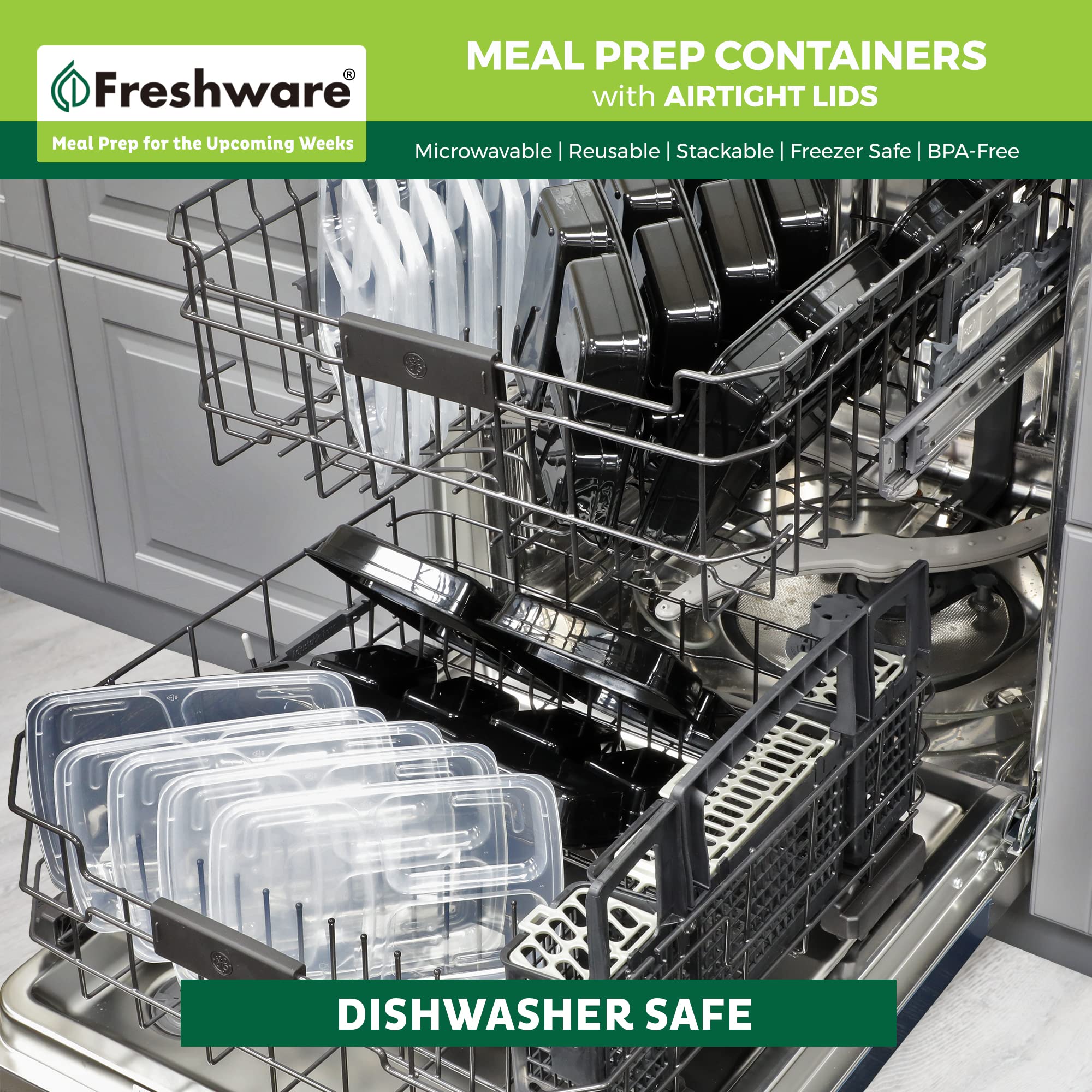 Freshware 25-Pack Meal Prep Containers with Lids - 3 Compartment Bento Box Food Storage Containers, Stackable, Microwave & Dishwasher Safe (32 oz) - Perfect for Meal Prepping, Lunches, Leftovers & Office/School Meals